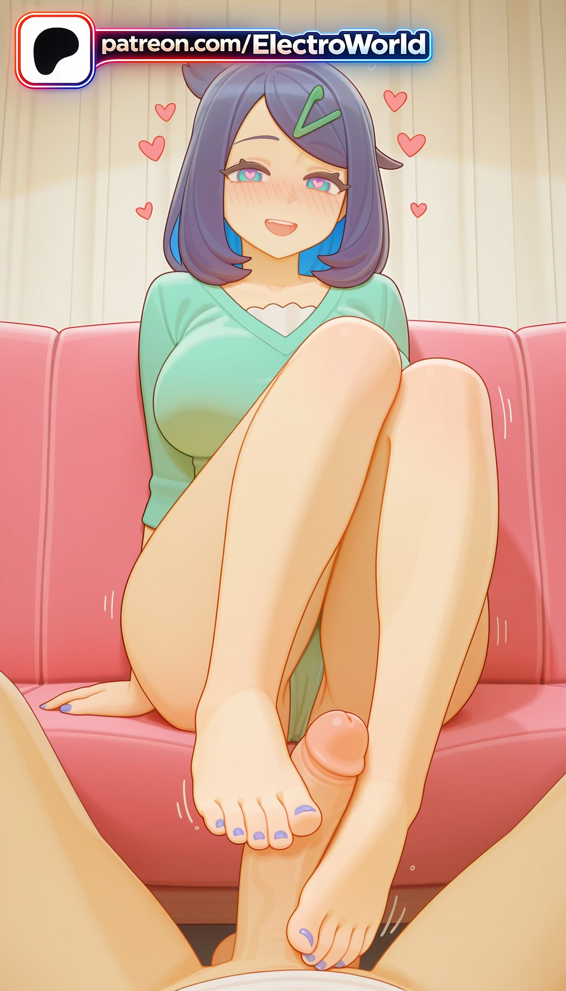 1boy, 1girls, 2026, ai generated, aqua nails, aqua toenails, artist name, barefoot, big breasts, big penis, blue nails, blue toenails, blush, breasts, cock, couch, dick, electroworld, feet, feet fetish, female, fingernails, foot fetish, foot play, footjob, half-closed eyes, heart, heart-shaped pupils, hi res, highres, indoors, liko (pokemon), male, multicolored nails, nail polish, open mouth, patreon username, penis, pokemon, pov, purple nails, purple toenails, shirt, sitting, smile, solo focus, stable diffusion, straight, symbol-shaped pupils, toejob, toenail polish, toenails, toes, uncensored, watermark