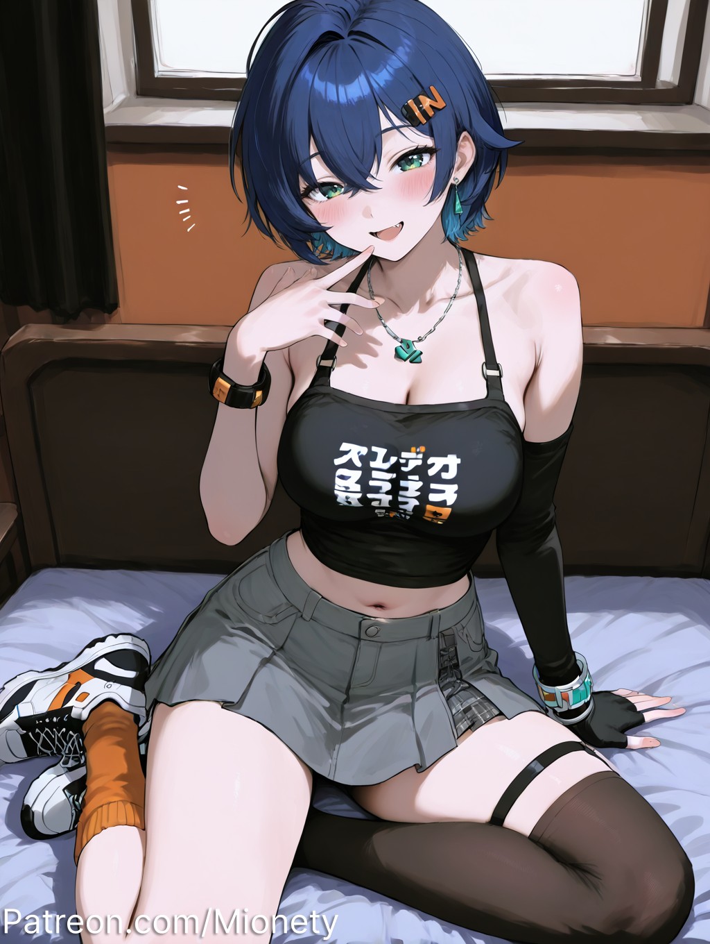 :d, ai generated, alternate costume, arm support, artist name, bare shoulders, bed, belle (zenless zone zero), black gloves, black shirt, black tank top, black thighhighs, blue hair, blush, bracelet, breasts, cleavage, clothes writing, collarbone, crop top, crossed bangs, earrings, elbow gloves, female, finger to mouth, fingerless gloves, gloves, green eyes, grey skirt, hair between eyes, hair intakes, hair ornament, hairclip, hand up, indoors, jewelry, large breasts, letter hair ornament, looking at viewer, midriff, miniskirt, mionety, multicolored hair, navel, necklace, oerba yun fang, on bed, open mouth, orange socks, patreon username, pleated skirt, shirt, shoes, short hair, single glove, single thighhigh, sitting, skindentation, skirt, smile, sneakers, socks, solo, stomach, tank top, teeth, thigh strap, thighhighs, thighs, twitter username, upper teeth only, yokozuwari, zenless zone zero, zettai ryouiki