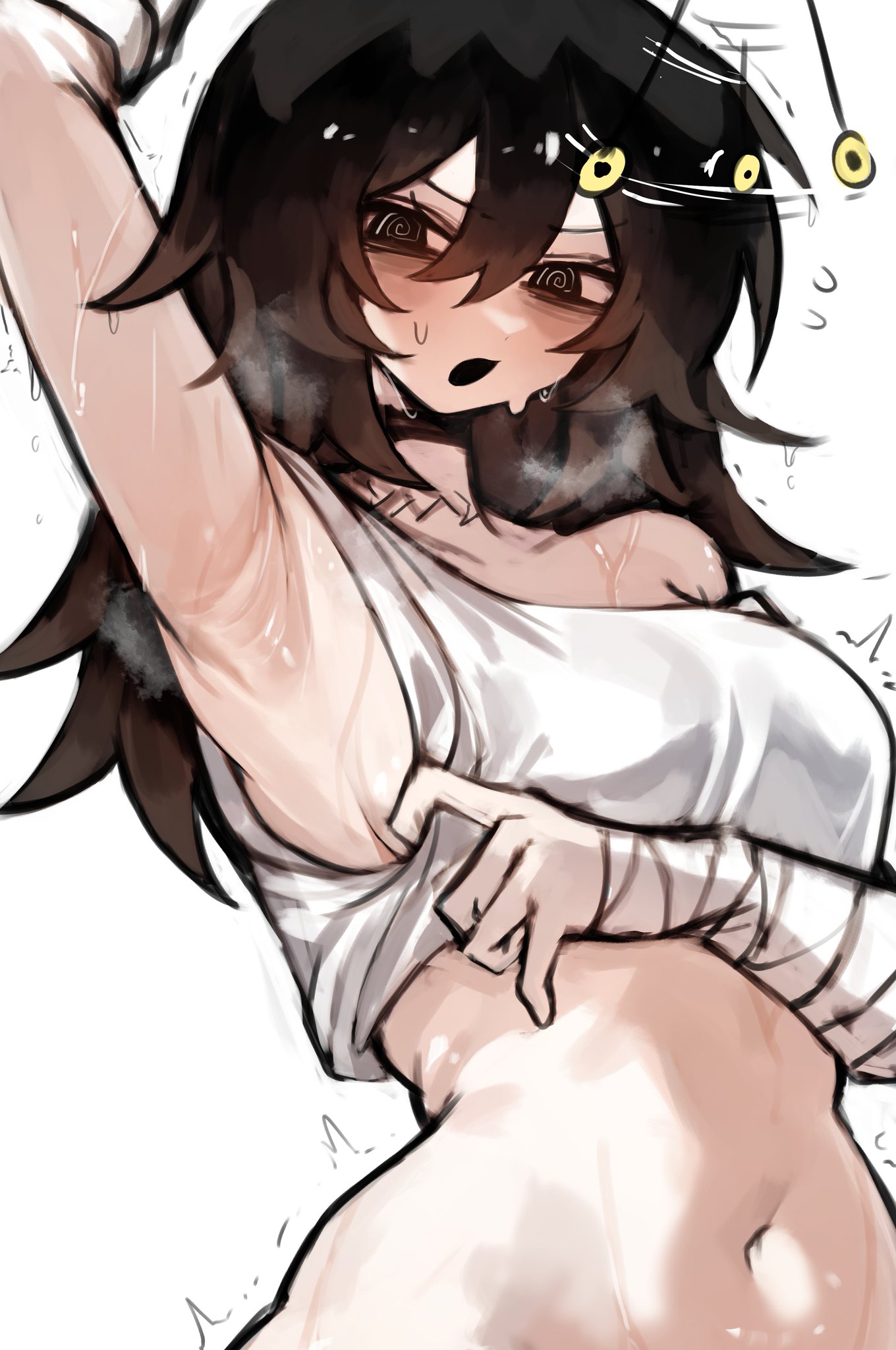 1girl, armpit, armpits, belly button, big breasts, black hair, breath cloud, collar, female, female only, frown, hips, hypnosis, hypnotic eyes, hypnotized, long hair, open mouth, shig (shigezie), shigezie, steamy breath, sweat, tagme, twitching, white background, white shirt