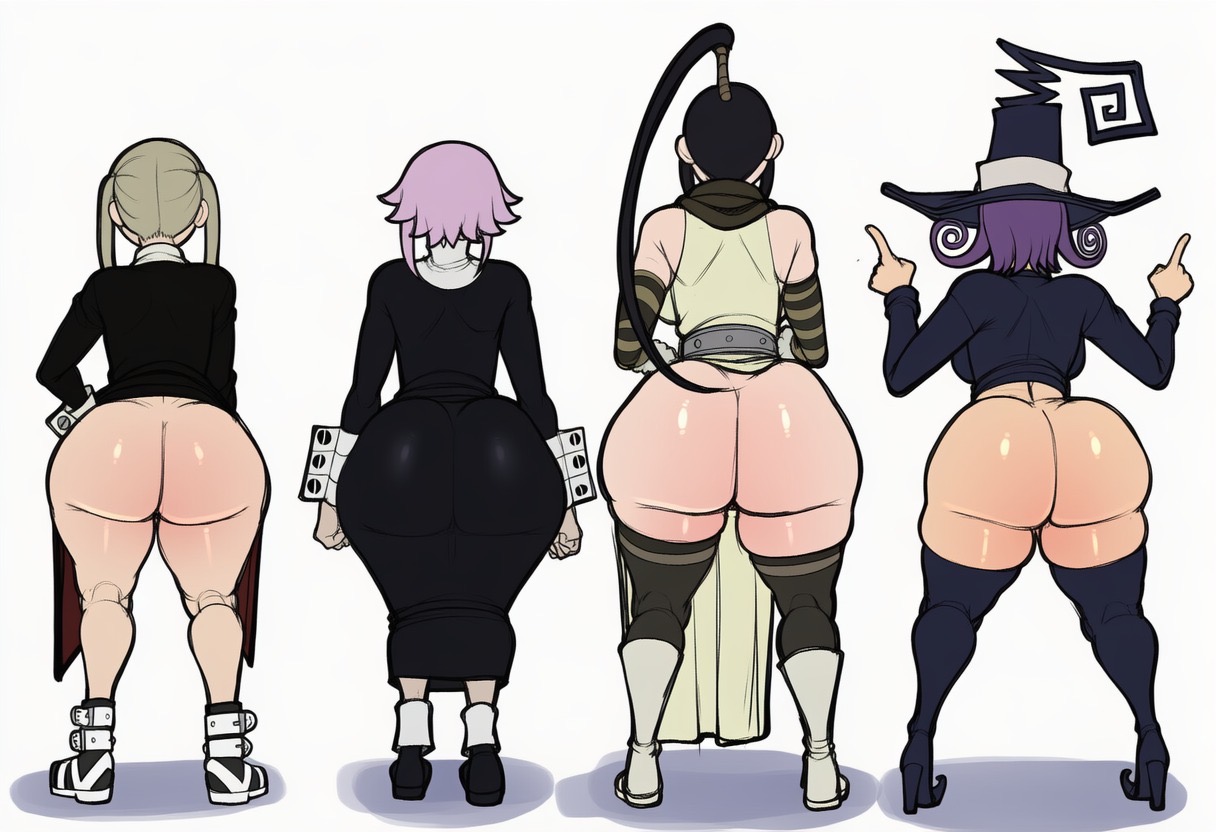 ai generated, ass, ass chart, blair (soul eater), crona (soul eater), huge ass, maka albarn, nakatsukasa tsubaki, ponytail, soul eater, twintails