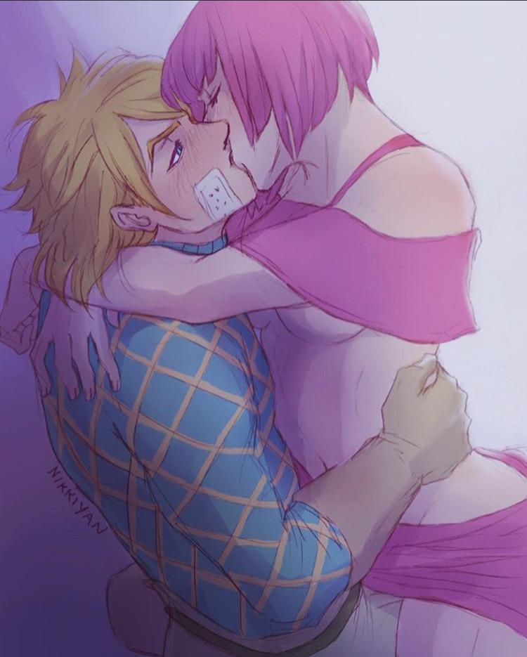 1boy 1boy1girl 1girls bandage blonde_hair blushing breasts diego_brando female gloves hips holding_waist hot_pants_(jjba) hug jojo's_bizarre_adventure kissing love male nikkiyan one_eye_closed one_eye_open pale-skinned_female pale-skinned_male pale_skin pantsuyan passionate pink_hair romantic skimpy_clothes small_breasts steel_ball_run straight underboob vaginal_penetration wholesome