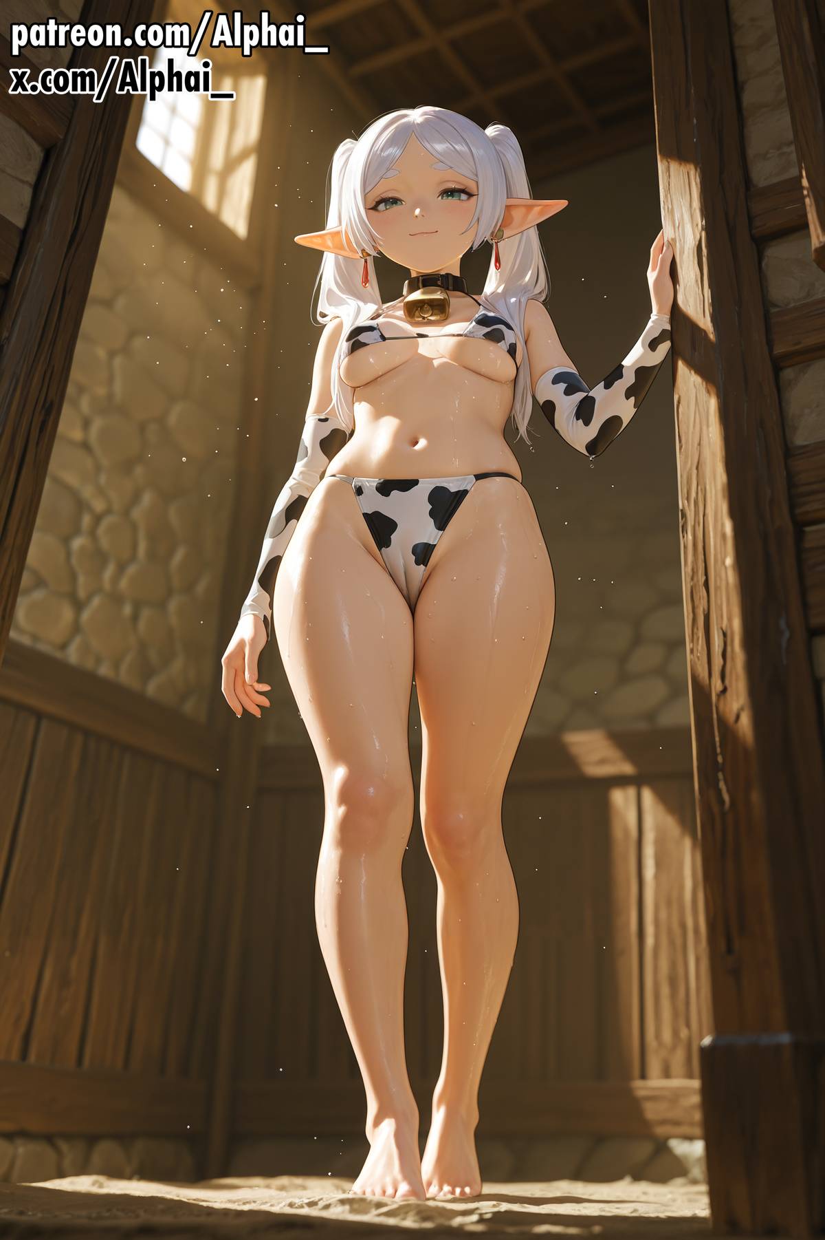 1girl, 2025, 2026, absurd res, absurdres, ai, ai art, ai assisted, ai generated, ai-created, alphai, areola, areola slip, areolae slip, armwear, bikini, bikini bottom, bikini top, blush lines, blushing, cameltoe, cinematic lighting, colorful background, costume, cow print, cow print bikini, cowbell, cowkini, depth of field, detailed background, detailed hair, detailed skin, dramatic shadows, elbow gloves, elf, elf ears, elf female, erotic costume, female, female only, frieren, frieren beyond journey's end, from below, full body, high quality, high resolution, highres, horny, legs, medieval room, medieval theme background, naughty face, particles, patreon, patreon link, patreon url, patreon username, pussy visible, raised eyebrows, seductive eyes, semirealistic, skindentation, small breasts, sousou no frieren, standing, volumetric lighting, wet, wet skin
