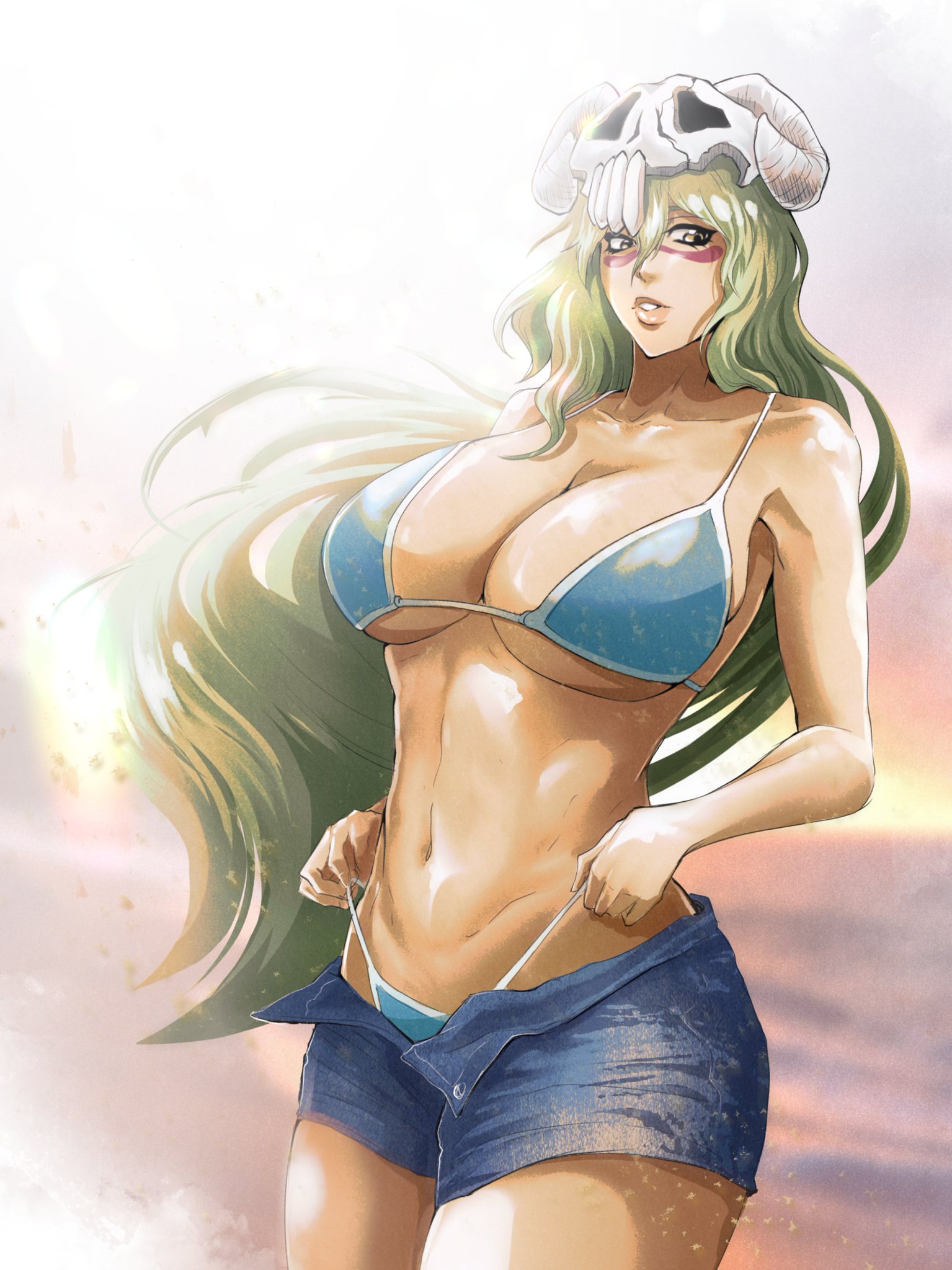 1girls, arrancar, big breasts, bikini, bikini bottom, bikini top, bleach, breasts, busty, cleavage, curvy, female, female only, green hair, huge breasts, long hair, nelliel tu odelschwanck, short shorts, shorts, skull hair ornament, solo, veeepawoon, voluptuous, voluptuous female
