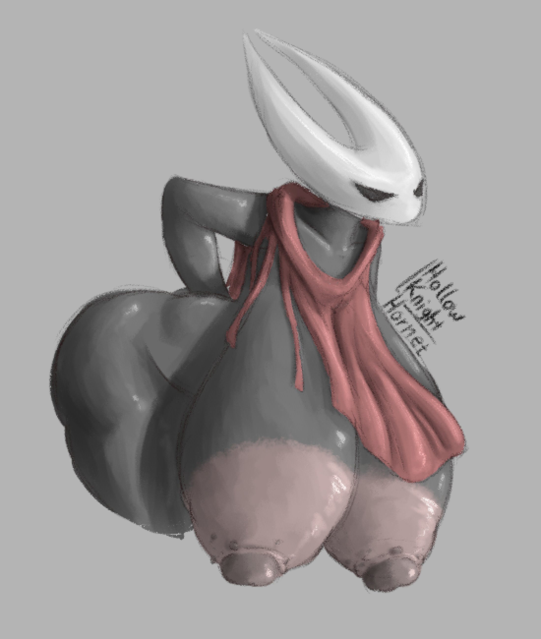 areolae, big breasts, black body, boobs, breasts, cape, hollow knight, hollow knight: silksong, hornet (hollow knight), horns, huge boobs, huge breasts, insect, insect girl, nipples, simple background, yourstrulygarbage