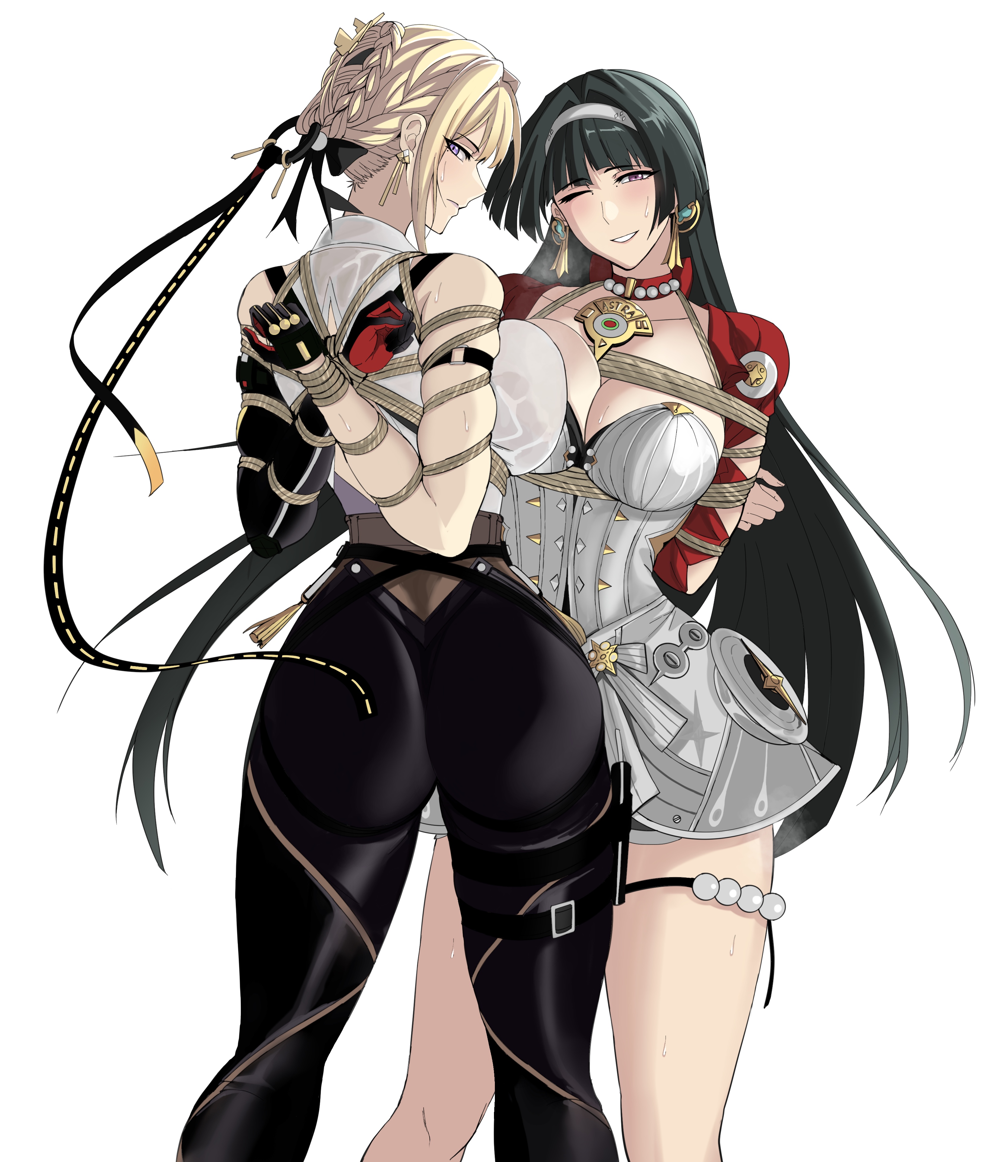 2girls, absurdres, arms behind back, ass, astra yao, bdsm, black gloves, black hair, black pants, blonde hair, bondage, bound, bound arms, braid, breasts, choker, commentary request, earrings, evelyn chevalier, gloves, hairband, hao718, highres, jewelry, large breasts, long hair, looking at viewer, multiple girls, one eye closed, pants, purple eyes, red eyes, rope, shibari, shibari over clothes, skindentation, sweatdrop, thigh strap, very long hair, white background, zenless zone zero