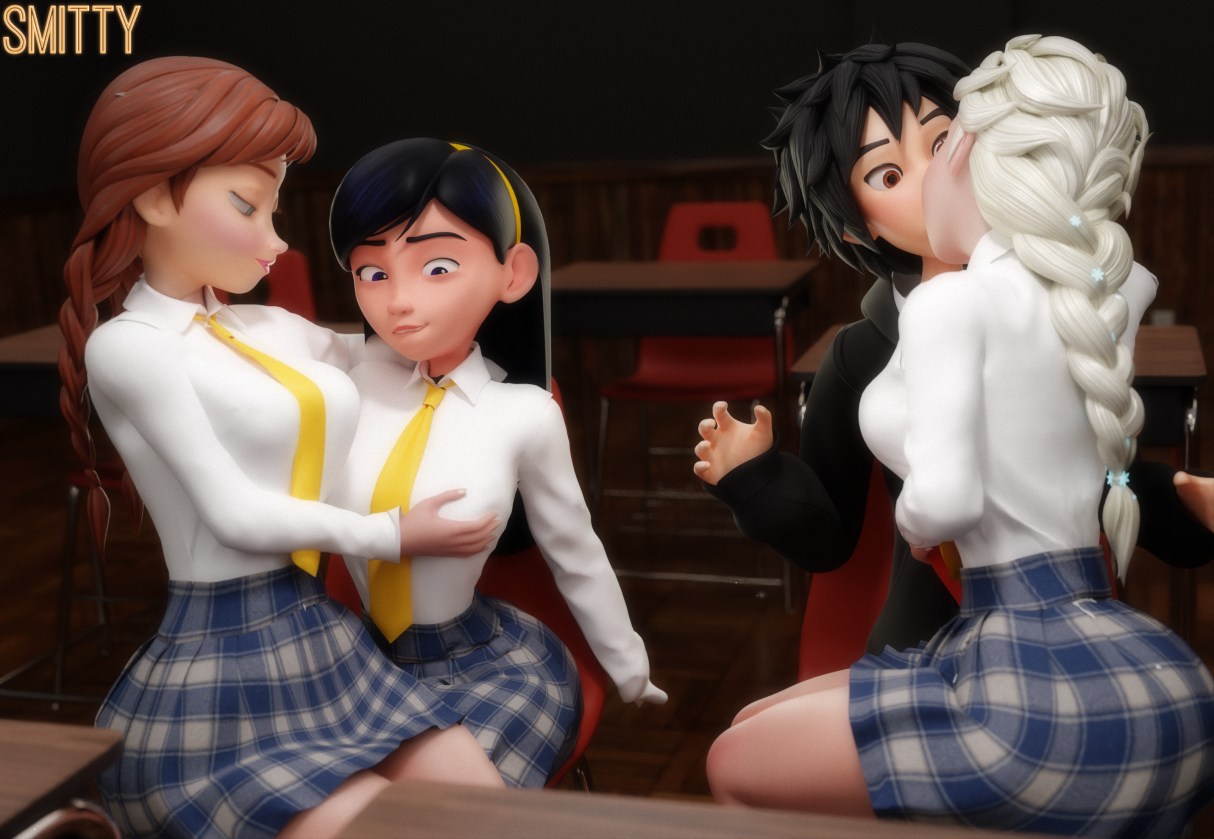 1boy, 3d, 3girls, anna (frozen), ass, big ass, big hero 6, biting lip, black hair, breast grab, breasts, brown hair, classroom, classroom desk, crossover, crossover pairing, dark hair, deep kiss, deep kissing, disney, elsa (frozen), female, frozen (film), groping breast, hiro hamada, kissing, large ass, lesbian, lesbian kiss, long hair, making out, male, marvel, multiple girls, pigtails, ponytail female, red hair, school desk, school skirt, school uniform, schoolgirl, schoolgirl outfit, schoolgirl uniform, second-party source, sisters, sitting on lap, smitty34, straight, the incredibles, violet parr, white hair, yuri