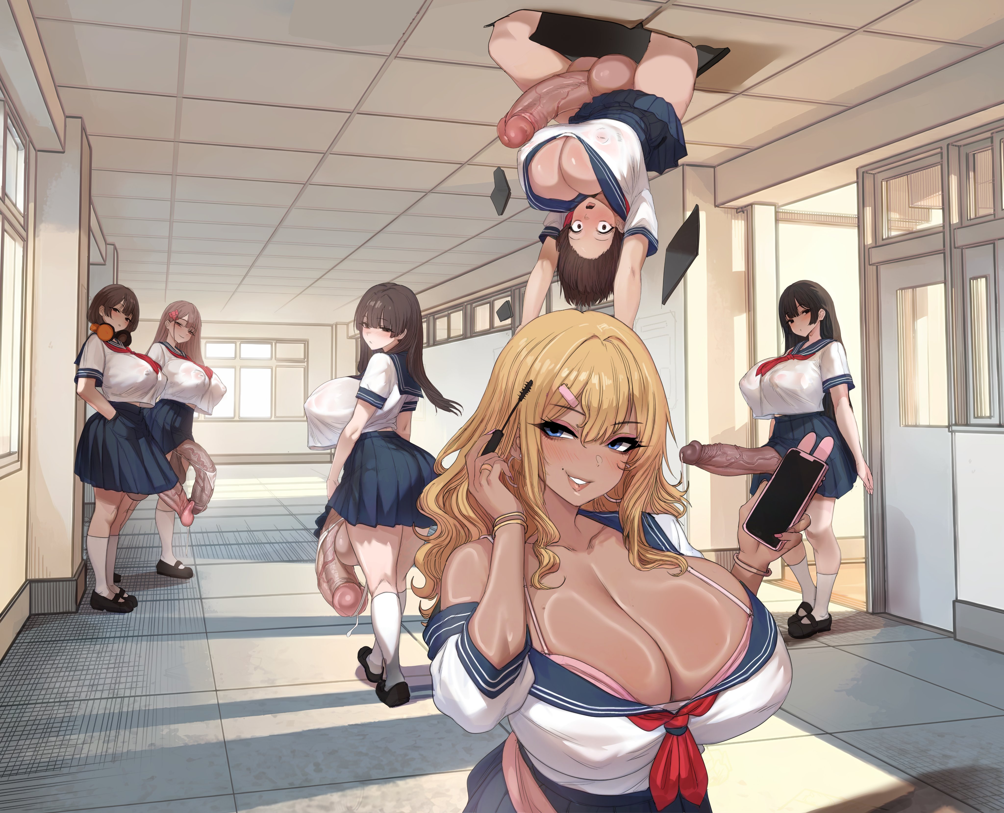 6futa, balls slip, black hair, blonde, breasts, brown hair, casual, character request, cleavage, cock, erection, exposed penis, flaccid, futa, futanari, gyaru, huge breasts, huge cock, huge penis, looking at viewer, multiple futa, ohthicc, otik, panties, penis, penis slip, penis under skirt, school, school uniform
