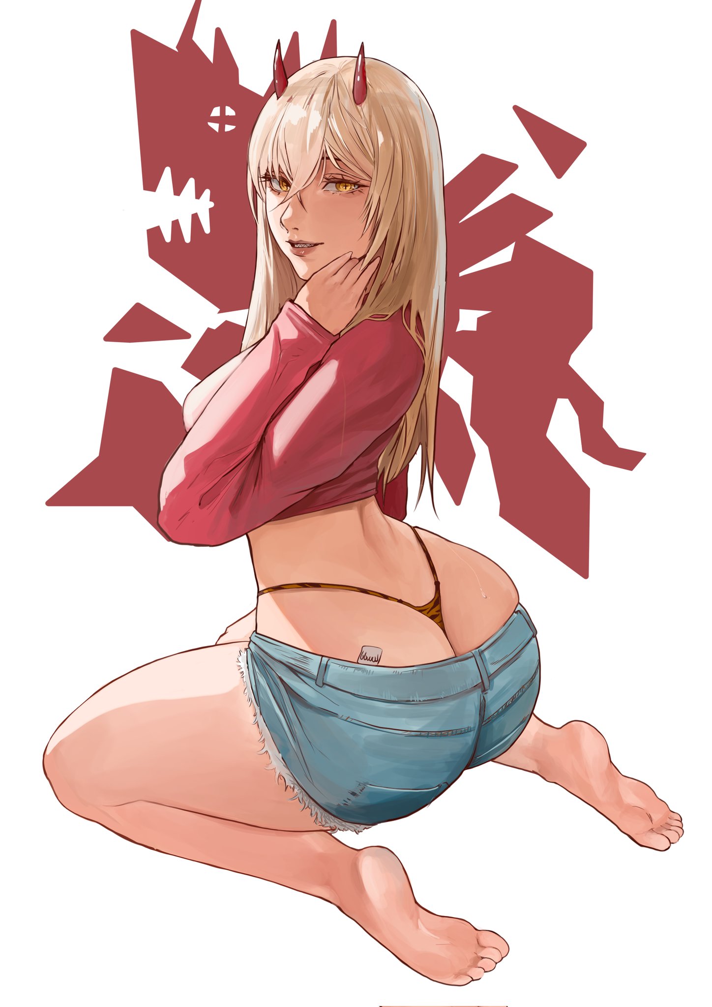 1girls, ass, ass cleavage, barefoot, big ass, blonde hair, blue shorts, bottomwear, bottomwear halfway down, chainsaw man, demon, demon girl, demon horns, feet, female, female only, hair, leopard print, leopard print thong, long hair, luwdd, on knees, pink shirt, power (chainsaw man), shirt, shorts, sideboob, solo, solo female, thong, underwear, white background, yellow eyes