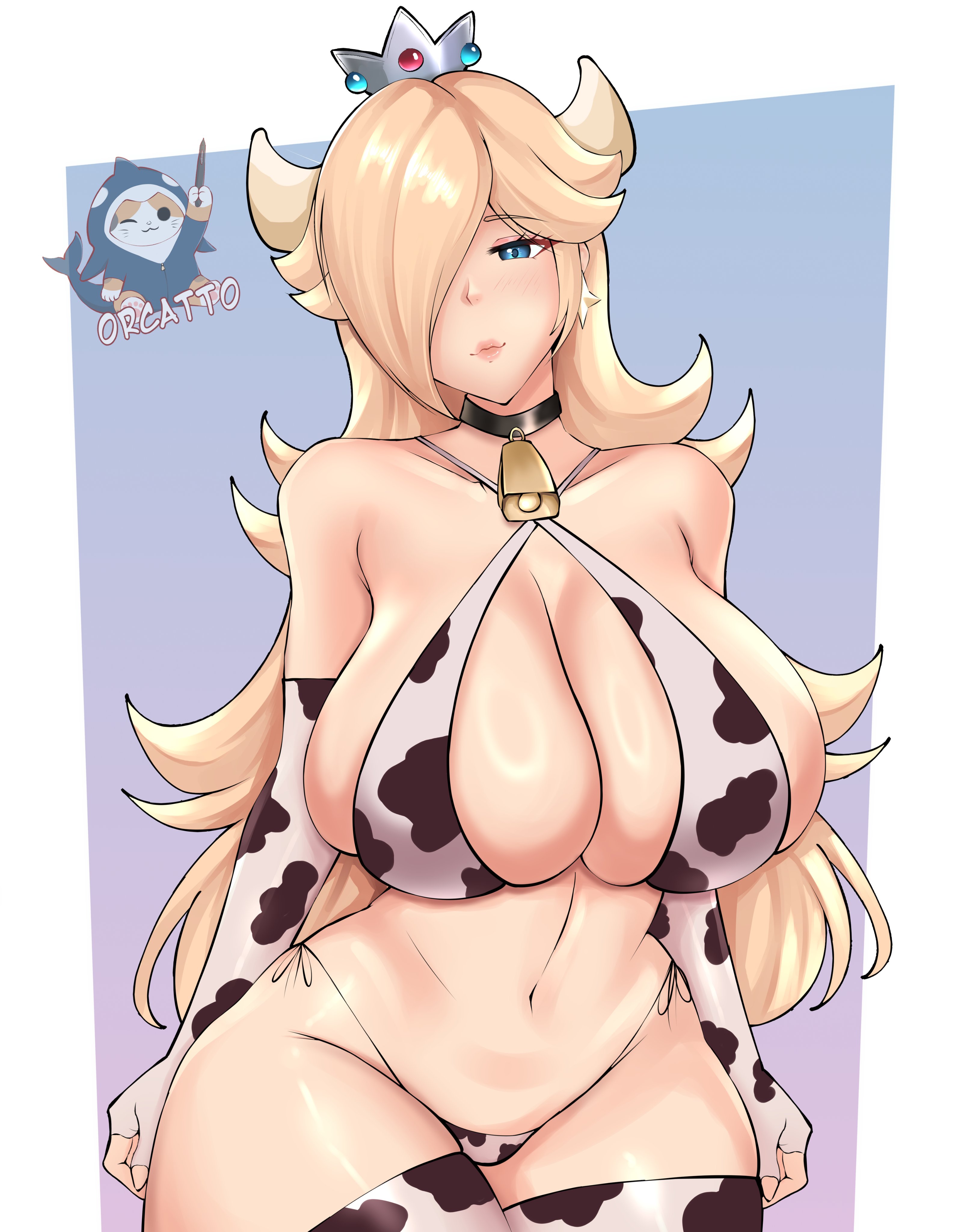 1girl, 1girls, animal print, bell, bikini, blonde hair, blue eyes, breasts, cleavage, collar, cow print, crown, curvy, detached sleeves, elbow gloves, gloves, hair over one eye, horns, huge breasts, long hair, looking at viewer, mario (series), navel, orcatto, princess rosalina, rosalina, side-tie bikini, solo, swimsuit, thighhighs, watermark