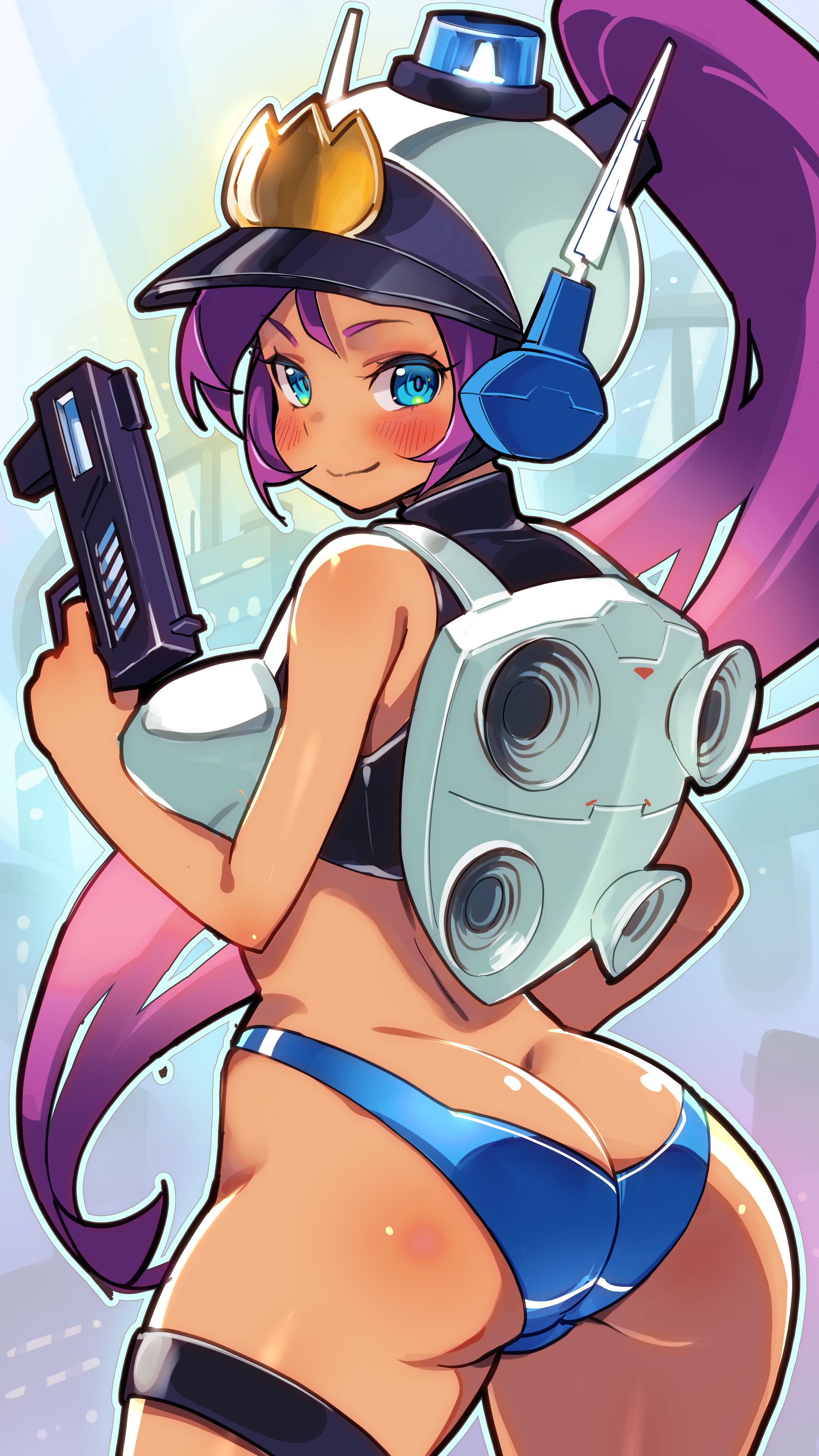 1girls, alternate costume, alternate hairstyle, antennae, ass, ass crack, ass focus, backboob, big ass, big breasts, bikini, bikini bottom, blue eyes, boots, breasts, cameltoe, female, female only, gloves, gun, highres, holding gun, life is pi, long eyebrows, long hair, looking at viewer, mighty switch force, patricia wagon, patricia wagon (cosplay), police, police uniform, policewoman, purple hair, shantae, shantae (character), smooth skin, solo, uniform, visor cap, wayforward