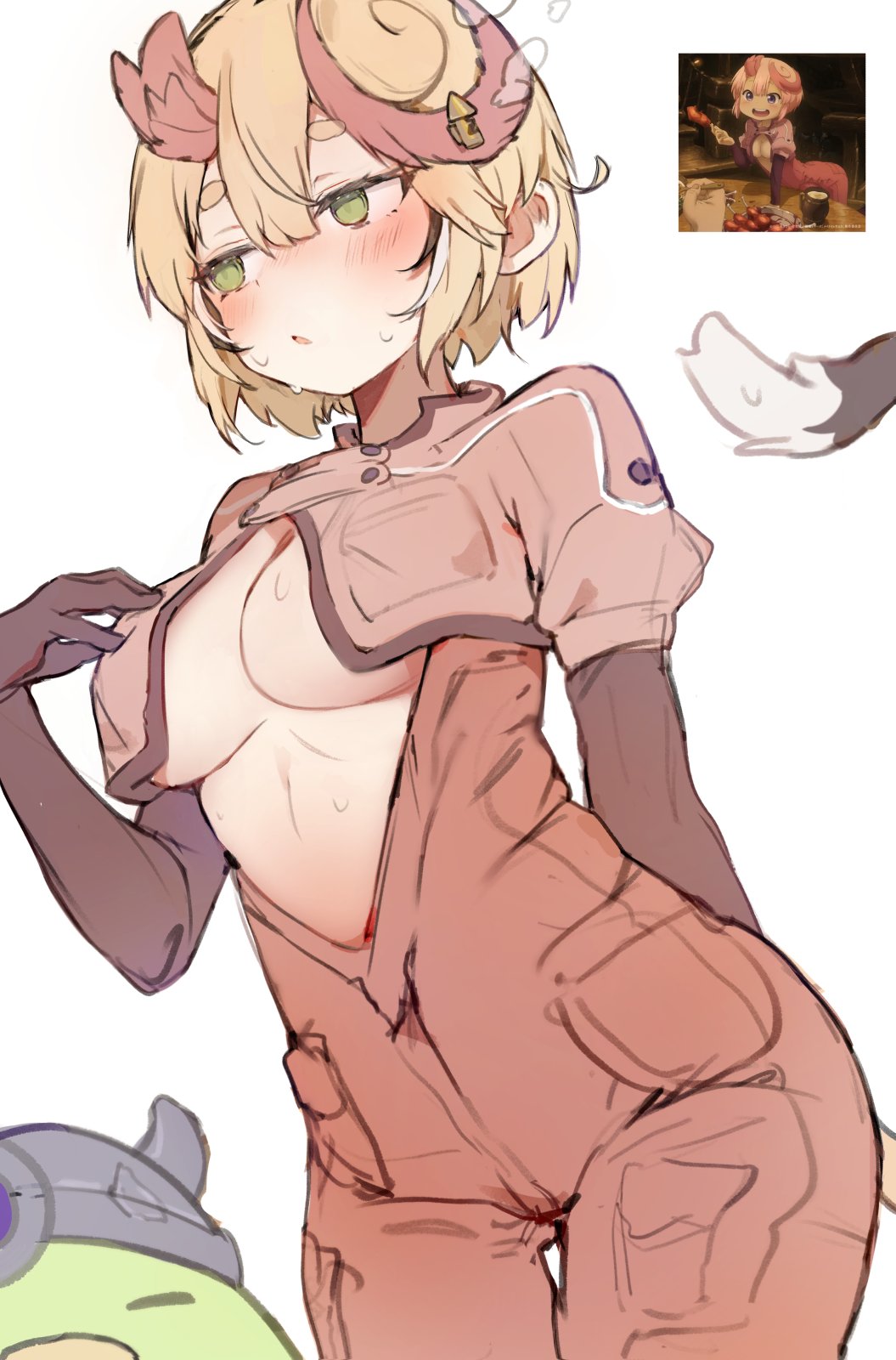 1girls, blonde hair, blush, cleavage, cosplay, cropped jacket, dooby3d, female, female focus, gloves, green eyes, indie virtual youtuber, jumpsuit, kippu (dooby), made in abyss, medium breasts, no bra, open clothes, orobou, pale skin, pale-skinned female, reg, reg (cosplay), short hair, solo focus, sweat, tail, tepaste, tepaste (cosplay), thigh gap, two-tone hair, underboob, unzipped, unzipped bodysuit, unzipped jumpsuit, virtual youtuber, wide hips