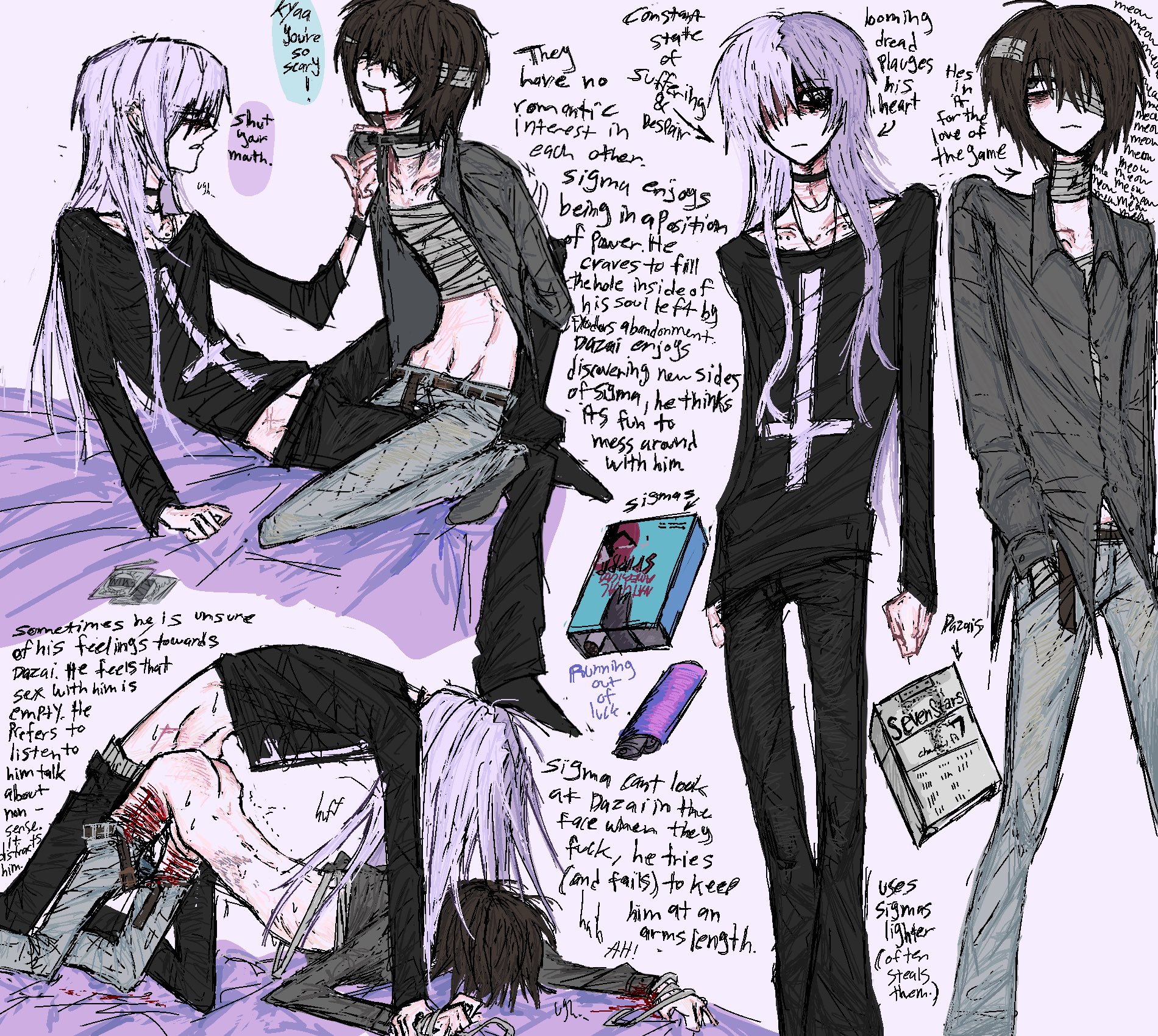 alternative fashion, alternative universe, anal penetration, anal sex, bandages, brunette, bungo stray dogs, choker, dazai osamu, doggy style, fresh wounds, friends with benefits, gay, gay sex, goth, goth boy, gripping sheets, long hair, saint peter's cross, scars, selfharm scars, sigma (bungo stray dogs), skinny male, thigh gap, two-tone hair, upside down cross