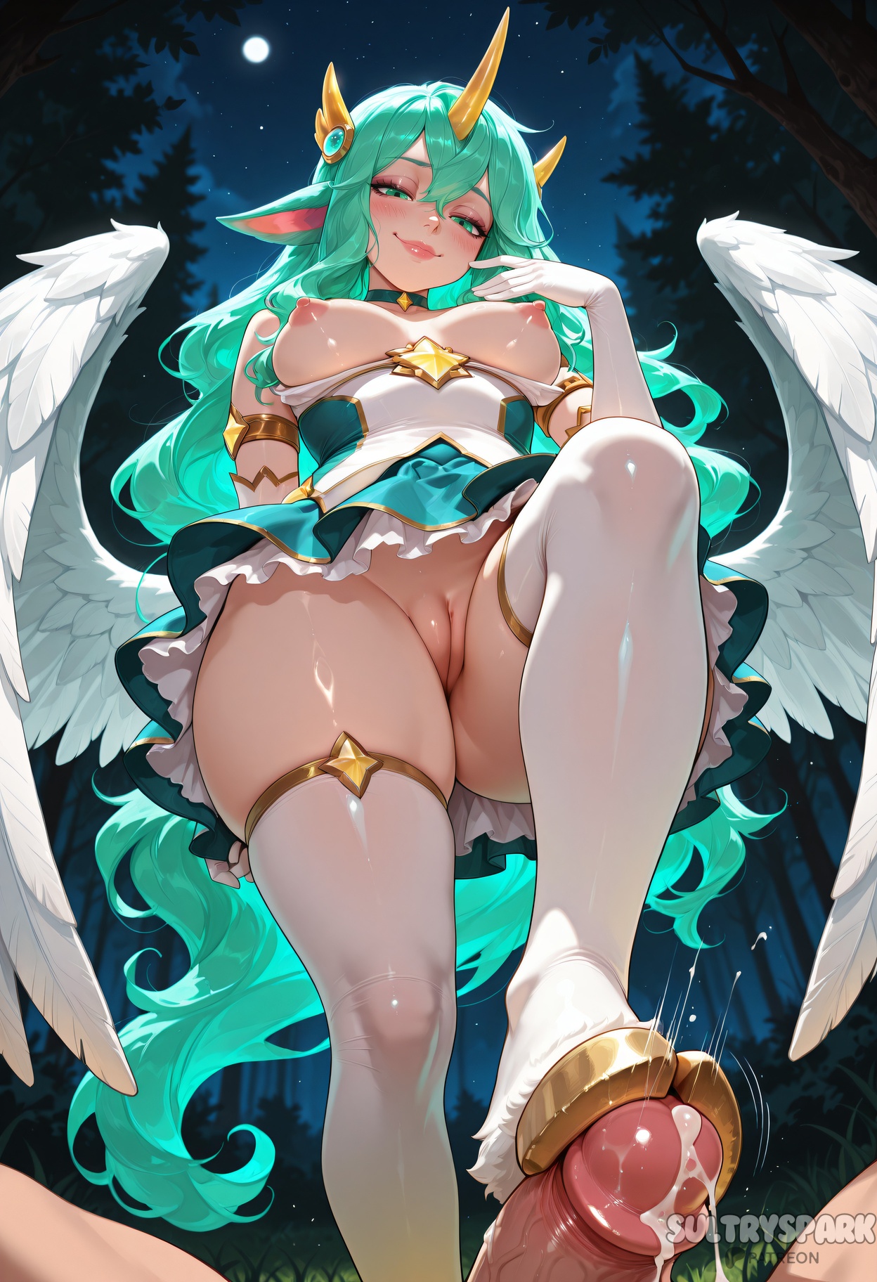 1boy, 1girl, ai generated, angel wings, animal ears, artist name, breasts, breasts out, choker, cum, elbow gloves, feathered wings, feet, femdom, footjob, from below, full moon, futarush, gloves, green eyes, green hair, hair between eyes, hetero, horns, large breasts, league of legends, long hair, looking at viewer, moon, night, night sky, nipples, no panties, outdoors, patreon, patreon username, penis, pointy ears, pov, pussy, riot games, single horn, smile, soraka, soraka (league of legends), star guardian (league of legends), star guardian series, star guardian soraka, sultryspark, thighhighs, thighs, uncensored, white gloves, white thighhighs, white wings, wings