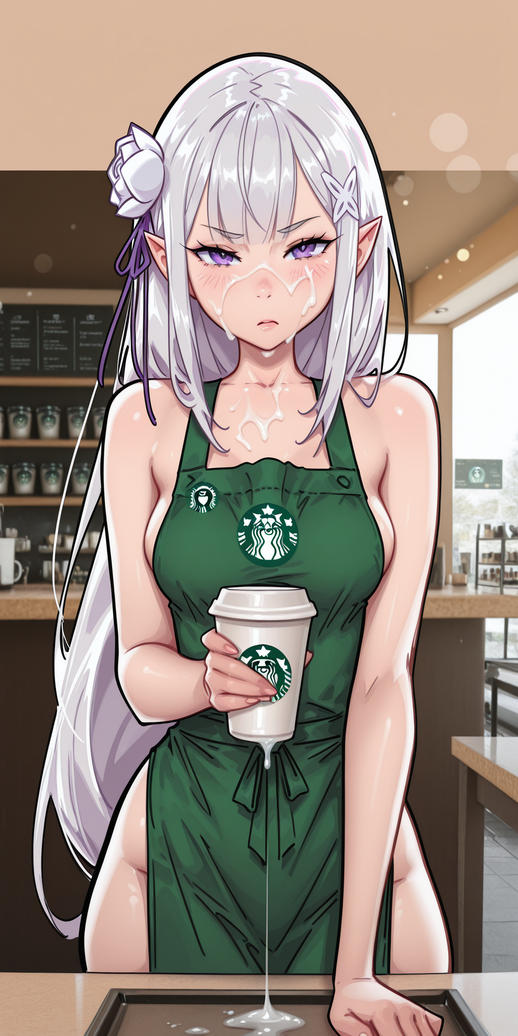 1girls ai_generated annoyed apron bangs blush cafe coffee coffee_cup collarbone counter cum cum_on_face elf emilia_(re:zero) female hair_flower hair_ornament holding_cup indoors long_hair looking_at_viewer molamaxuy naked_apron pointy_ears purple_eyes re:zero_kara_hajimeru_isekai_seikatsu serving_drink starbucks white_hair