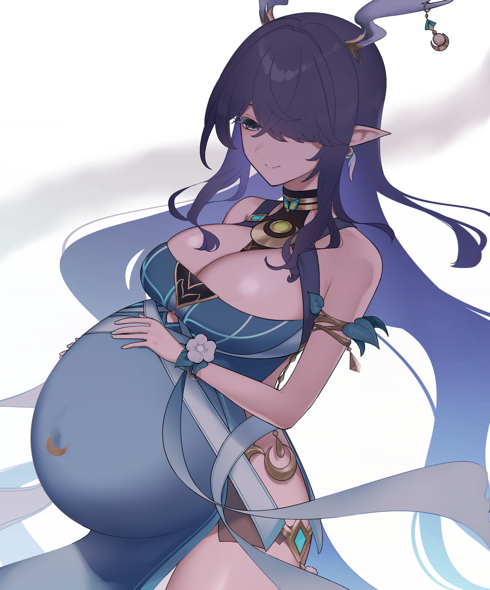 artist request, blue hair, earring, elf ears, female, female only, genshin impact, lauma (genshin impact), nodkrai girls, pregnant, pregnant female, tagme