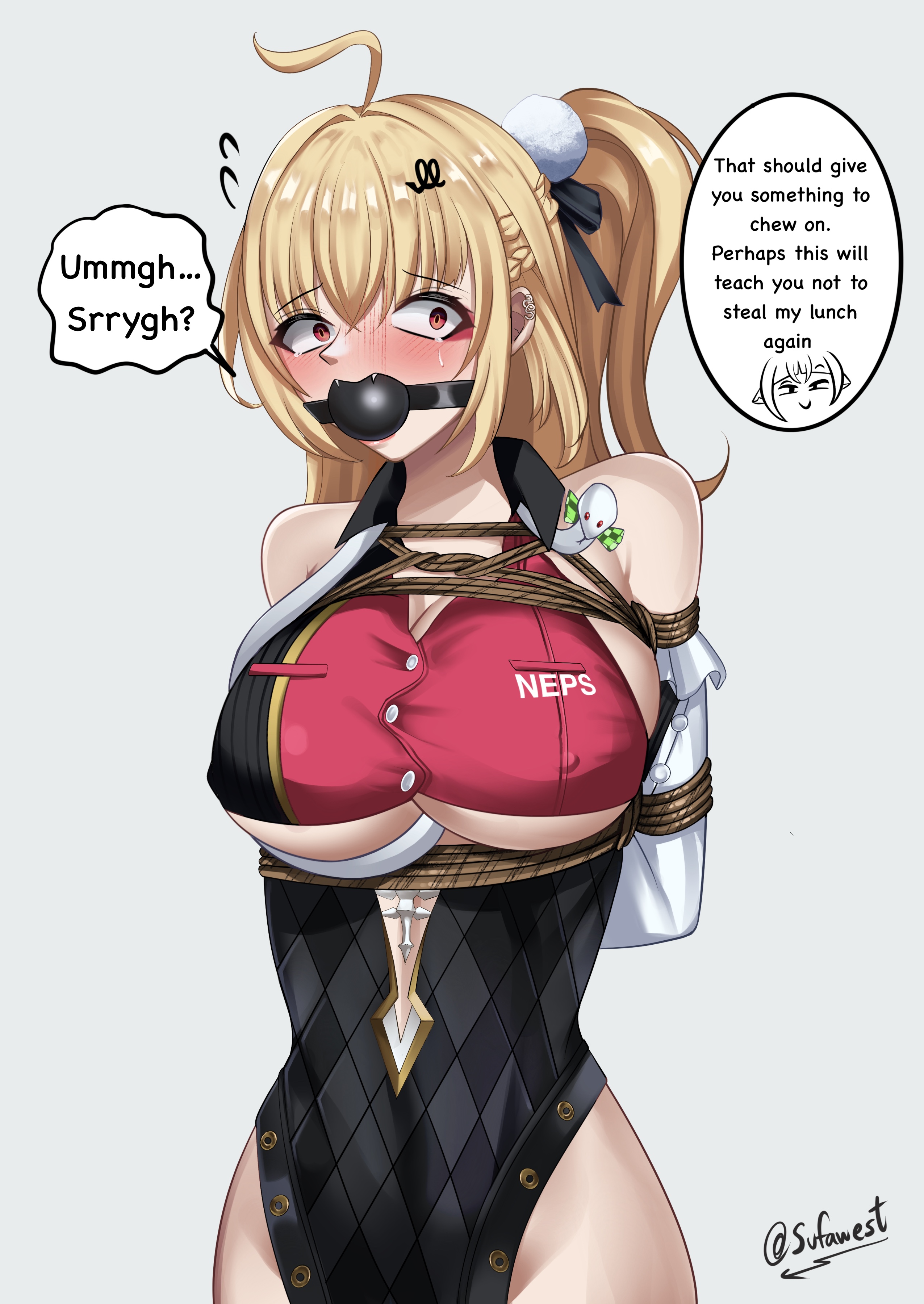 1girls, arms behind back, ball gag, blonde hair, bondage, bound, bound arms, cissia (zenless zone zero), dildo gag, english text, female, female focus, female pov, femsub, gag, gagged, rope, speech bubble, sufawest, text, tricked, underboob, zenless zone zero