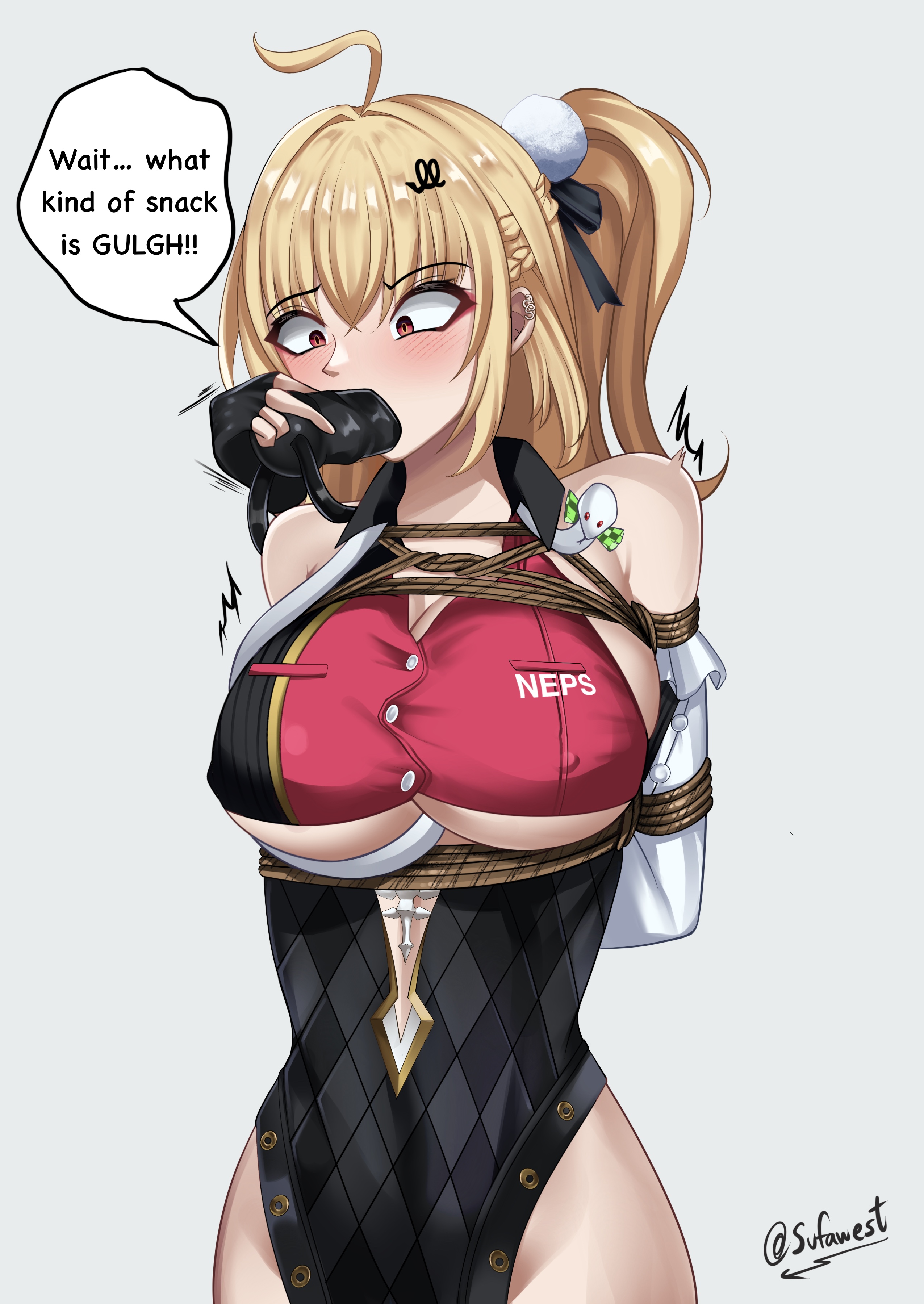 1girls, arms behind back, blonde hair, bondage, bound, bound arms, cissia (zenless zone zero), dildo gag, english text, female, female focus, female pov, femsub, gag, gagged, rope, speech bubble, sufawest, text, tricked, underboob, unseen female, zenless zone zero
