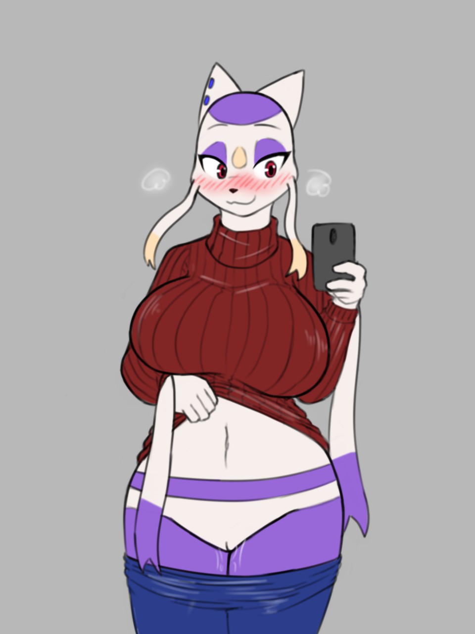 3:4 anthro big_breasts blush bodily_fluids breasts cellphone clothed clothing female fur furry furry_only genital_fluids genitals hi_res mienshao nintendo phone pokémon_(species) pokemon pussy pussy_juice sapphire_(anglo) simple_background solo video_games wbnsfwfactory