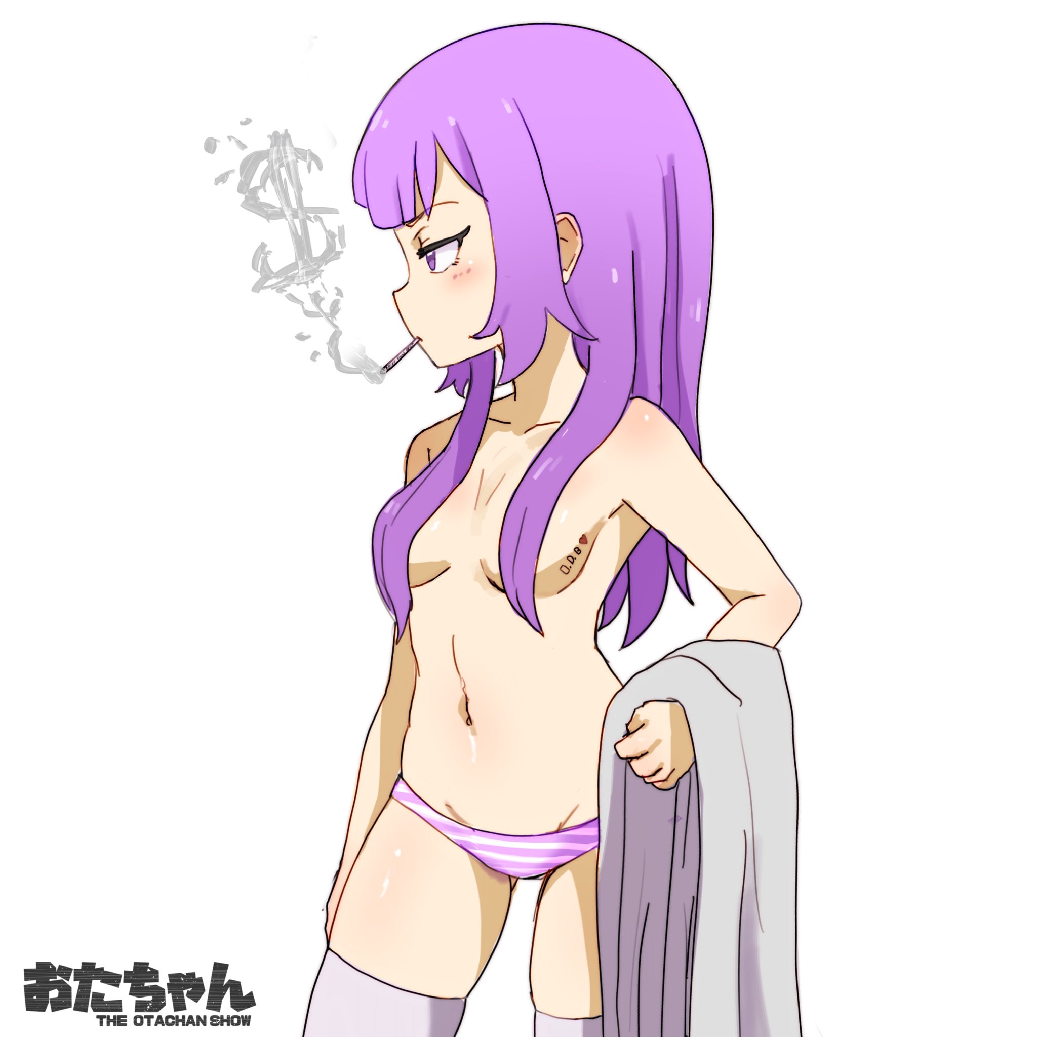 body writing, breasts, casual, casual nudity, casual topless, cigarette, clothing, covered nipples, female, female only, foxxarius, godiva hair, hair covering breasts, human, legwear, long hair, navel, navel piercing, nonsexual nudity, otachan, pale skin, panties, purple eyes, purple hair, smoking, stockings, striped panties, the otachan show, topless, towel, white legwear