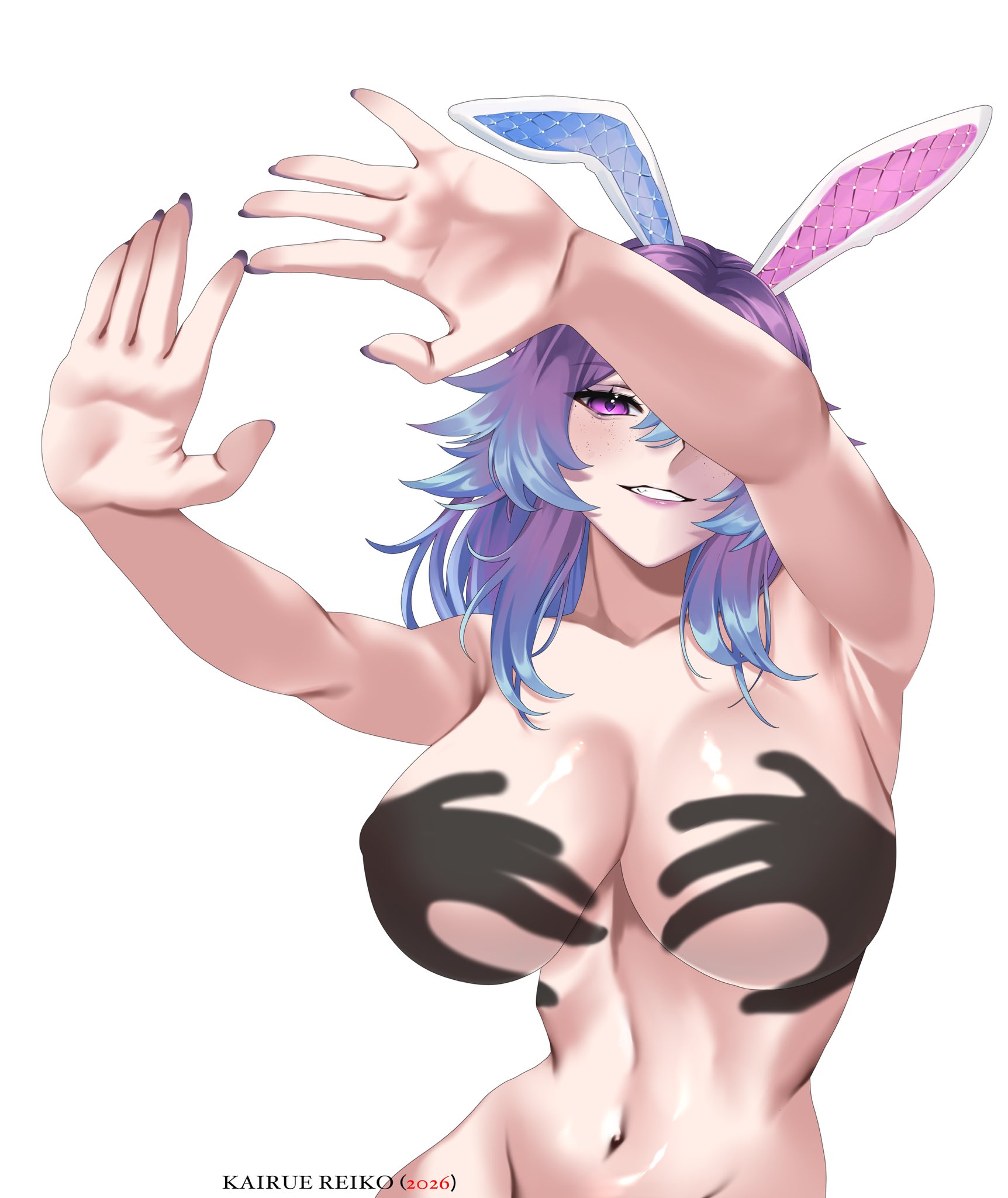 1girls, cottontail (vtuber), female, female only, hands casting shadow, indie virtual youtuber, kairuereiko, light skin, light-skinned female, nude, nude female, solo, virtual youtuber