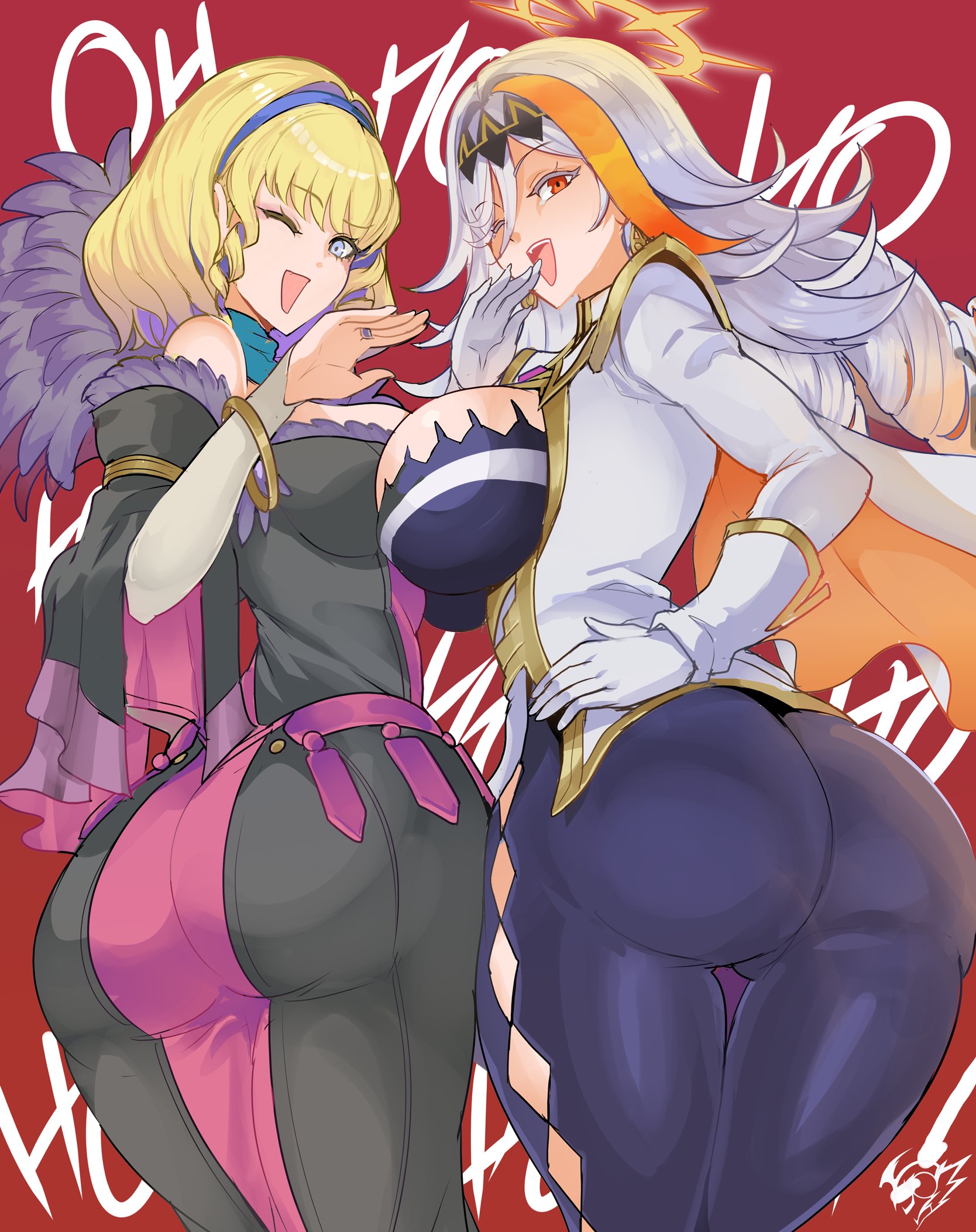 ;d, 2girls, ass, ass focus, asymmetrical docking, baldr (fire emblem heroes), black dress, black hairband, blonde hair, blue bodysuit, blue hairband, bodysuit, breast press, breasts, bridal gauntlets, colored inner hair, commission, constance von nuvelle, curvy, dress, drill hair, drill sidelocks, earrings, feather-trimmed dress, female, female only, fire emblem, fire emblem heroes, fire emblem warriors: three hopes, fire emblem: three houses, from behind, gloves, hairband, halo, hand on own hip, highres, huge ass, huge breasts, jacket, jewelry, large ass, large breasts, laughing, long hair, multicolored hair, multiple girls, nintendo, official alternate costume, official alternate hairstyle, ojou-sama pose, one eye closed, open mouth, orange hair, orange halo, purple hair, red background, red eyes, revolverwingstudios, ringlets, sidelocks, smile, thick thighs, thighs, two-tone hair, very long hair, white bridal gauntlets, white gloves, white jacket