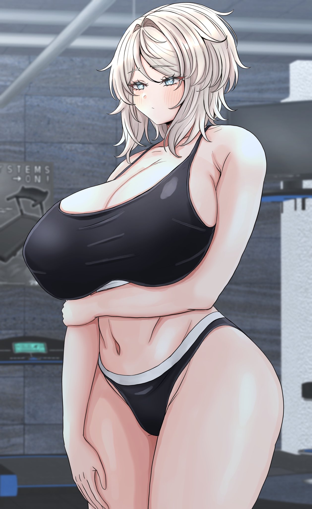 arm at side, collarbone, curvy, expressionless, faust (limbus company), gym, holding own arm, huge breasts, limbus company, project moon, sports bra, thick thighs, underwear, wide hips
