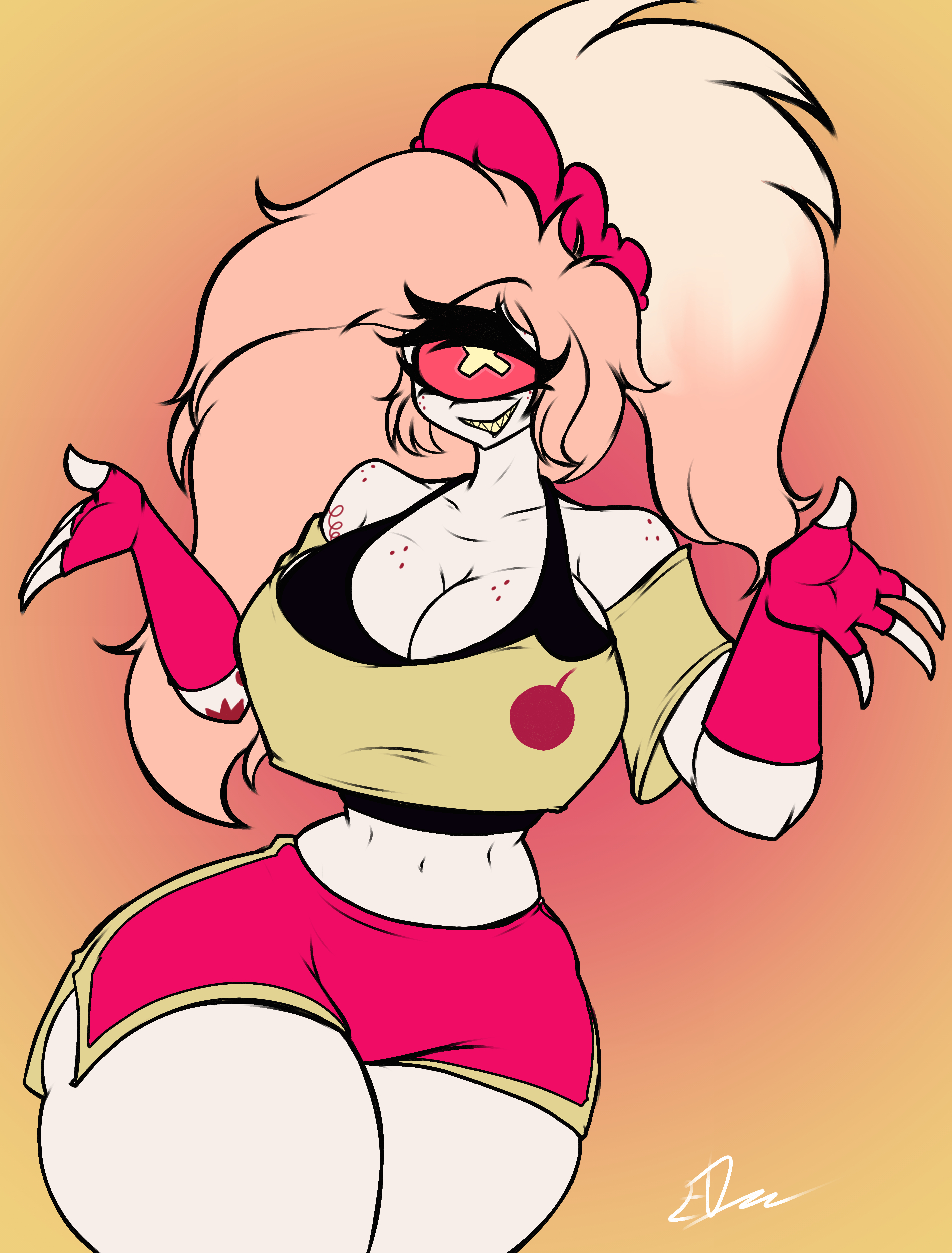 big breasts, booty shorts, cherri bomb, cherri bomb (hazbin hotel), edworld, freckles, hazbin hotel, hazbin hotel (season 2), one eye, pink hair, thick thighs, tiny waist