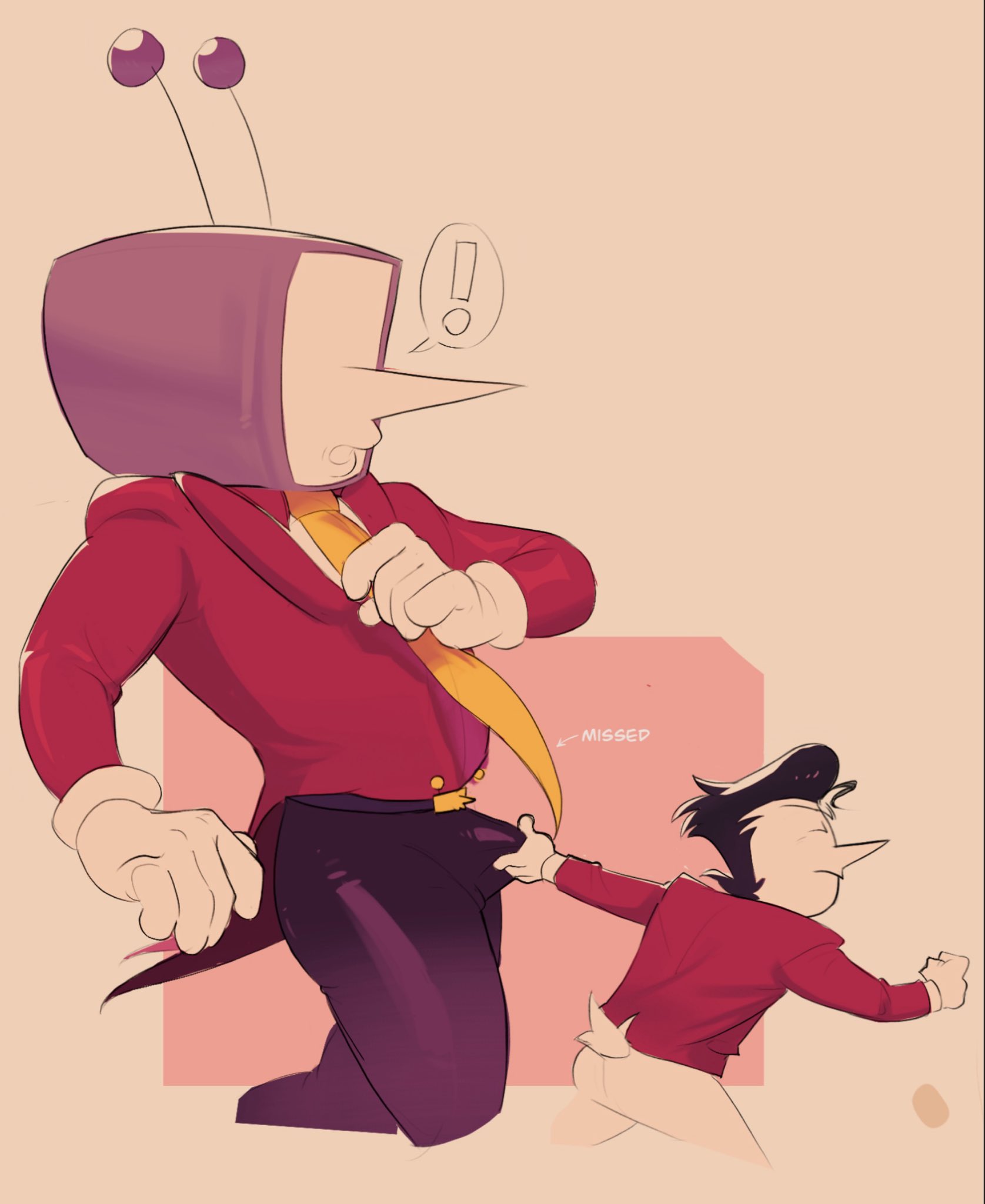 !, 2026, 2boys, 2d, 2d (artwork), antennae, belt, black pants, boner, boner in pants, boner under clothes, bulge, bulge through clothing, clothed, clothing, color, colored, comic, comic panel, deltarune, digital drawing (artwork), digital media (artwork), fully clothed, grabbing, grabbing partner, grabbing penis, grabbing penis through clothes, long nose, male, male only, object head, pointy nose, screen face, simple background, skinnyjimz, spamtenna, spamton g spamton, tenna (deltarune), unaware, white gloves, yellow bowtie, yellow necktie