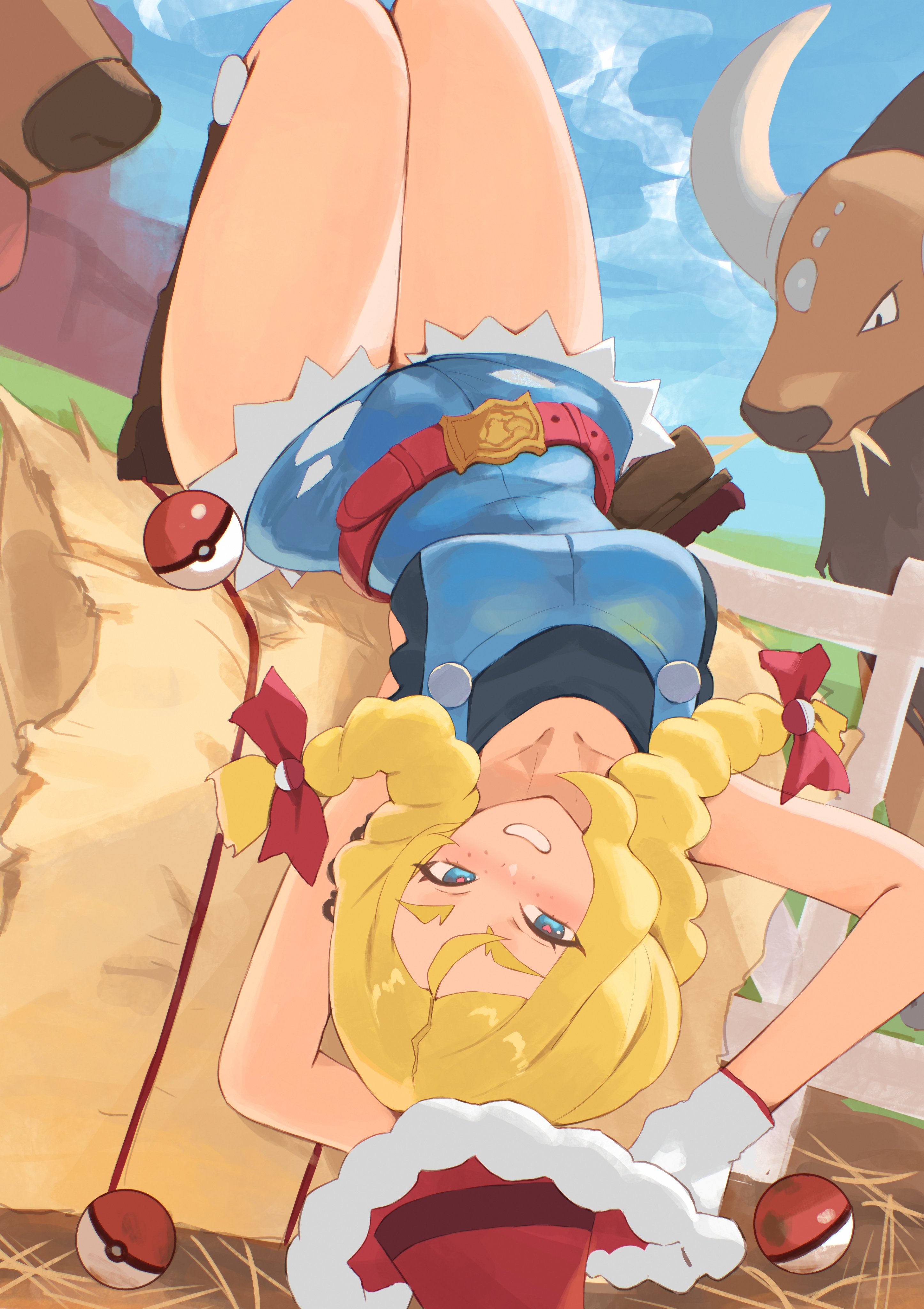 1girls, absurdres, alternate breast size (larger), arm tattoo, belt, blonde hair, blue eyes, blue overalls, blue sky, blush, boots, bow, braid, breasts, brown boots, closed mouth, commentary, cowboy hat, denim, denim overalls, farmer, fence, freckles, gen 1 pokemon, gloves, hair bow, hat, hay, hay bale, haystack, highres, hirosenpai, horns, kentauros, kitt (pokemon), large breasts, long hair, looking at viewer, lying, nintendo, on back, open mouth, outdoors, overall shorts, overalls, poke ball, poke ball (basic), pokemon, pokemon (creature), pokemon champions, red belt, red hat, rucola (pokemon), sky, smile, tattoo, tauros, twin braids, upside-down, white gloves