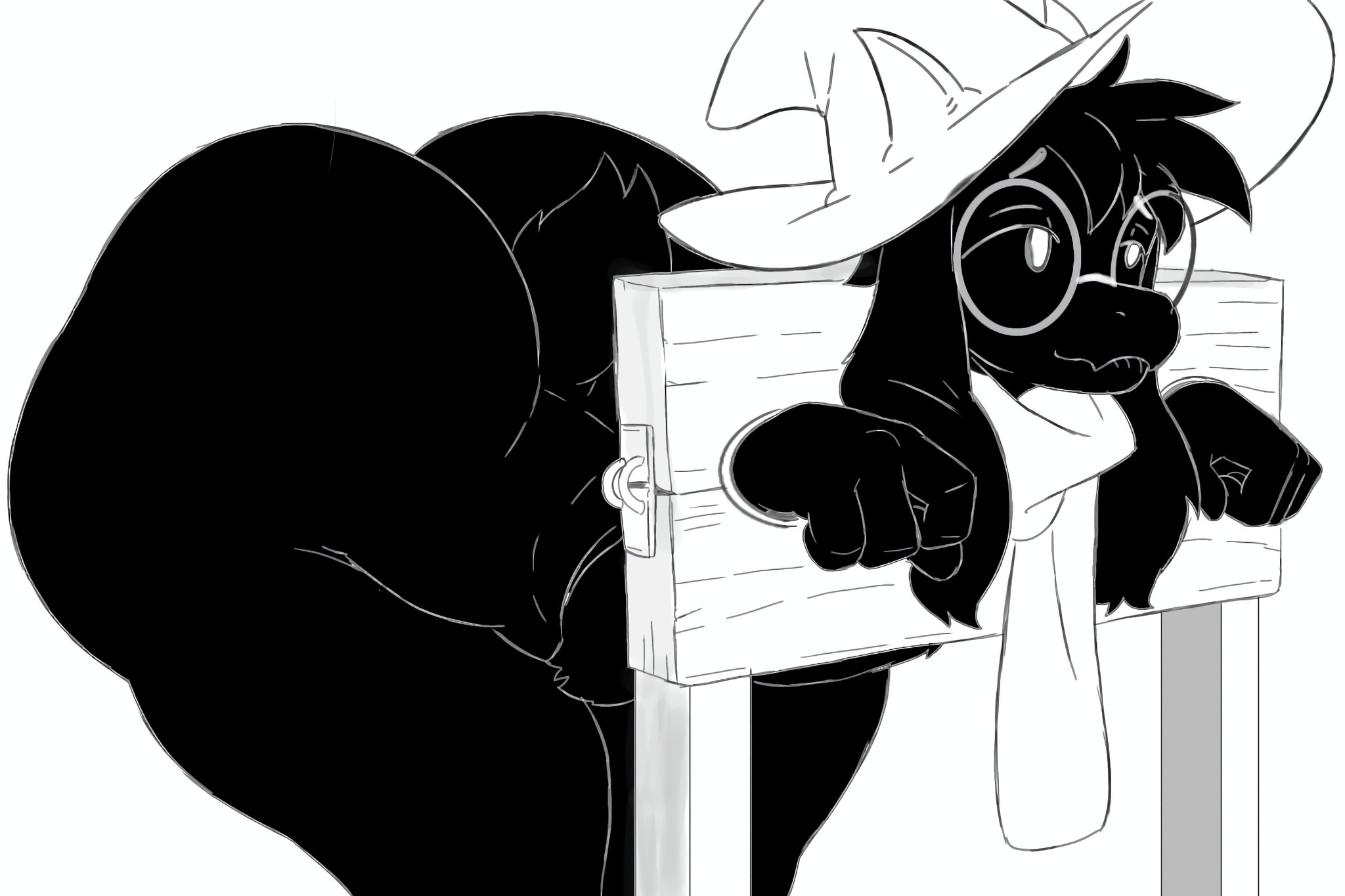 anthro, ass, big ass, bovid, caprine, darkner, deltarune, fat ass, femboy, glasses, goat, hat, huge ass, male, mammal, naked, nude male, omega80473, ralsei, ralsei with black fur, scarf, solo, stocks, stuck, tail, undertale (series), witch hat