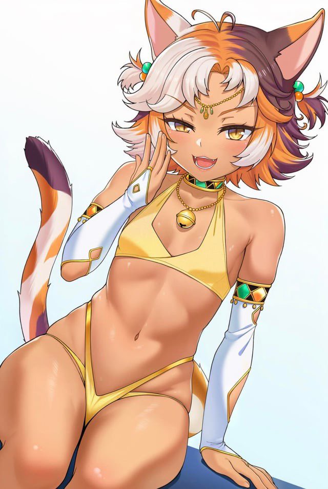 , 1girl, ancient egyptian clothes, cat ears, cat tail, choker, dark-skinned female, gold bangle, gold jewelry, neko ears, neko girl, nekopara, orange eyes, saffron (nekopara), smug, smug face, smug smile