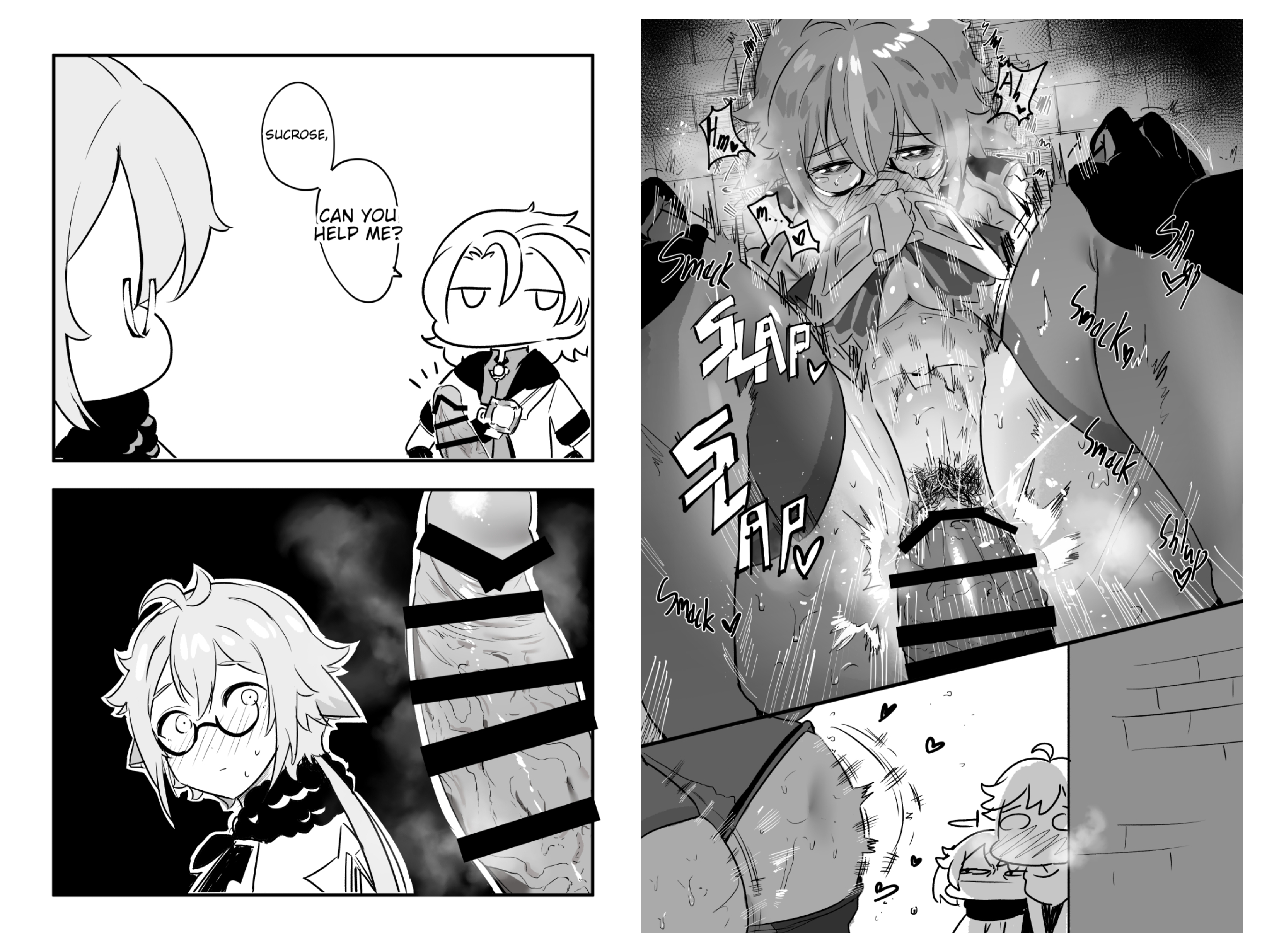 2boys, 2girls, aether (genshin impact), albedo (genshin impact), animal ears, blush, blushing, breasts, casual, casual erection, casual exposure, casual nudity, censor bar, censored, cock shock, comic, covering mouth, english text, erection, female, female pubic hair, genshin impact, glasses, heart, hi res, huge cock, kemonomimi, male, missionary position, moaning, monochrome, okpriko, paimon (genshin impact), penis, penis awe, penis out, pounding, pubic hair, pussy, sex, speech bubble, spread legs, stealth sex, steam, steaming body, steamy, steamy breath, steamy penis, stomach bulge, straight, sucrose (genshin impact), surprised, surprised expression, sweat, sweatdrop, thighhighs, vaginal penetration, veiny penis