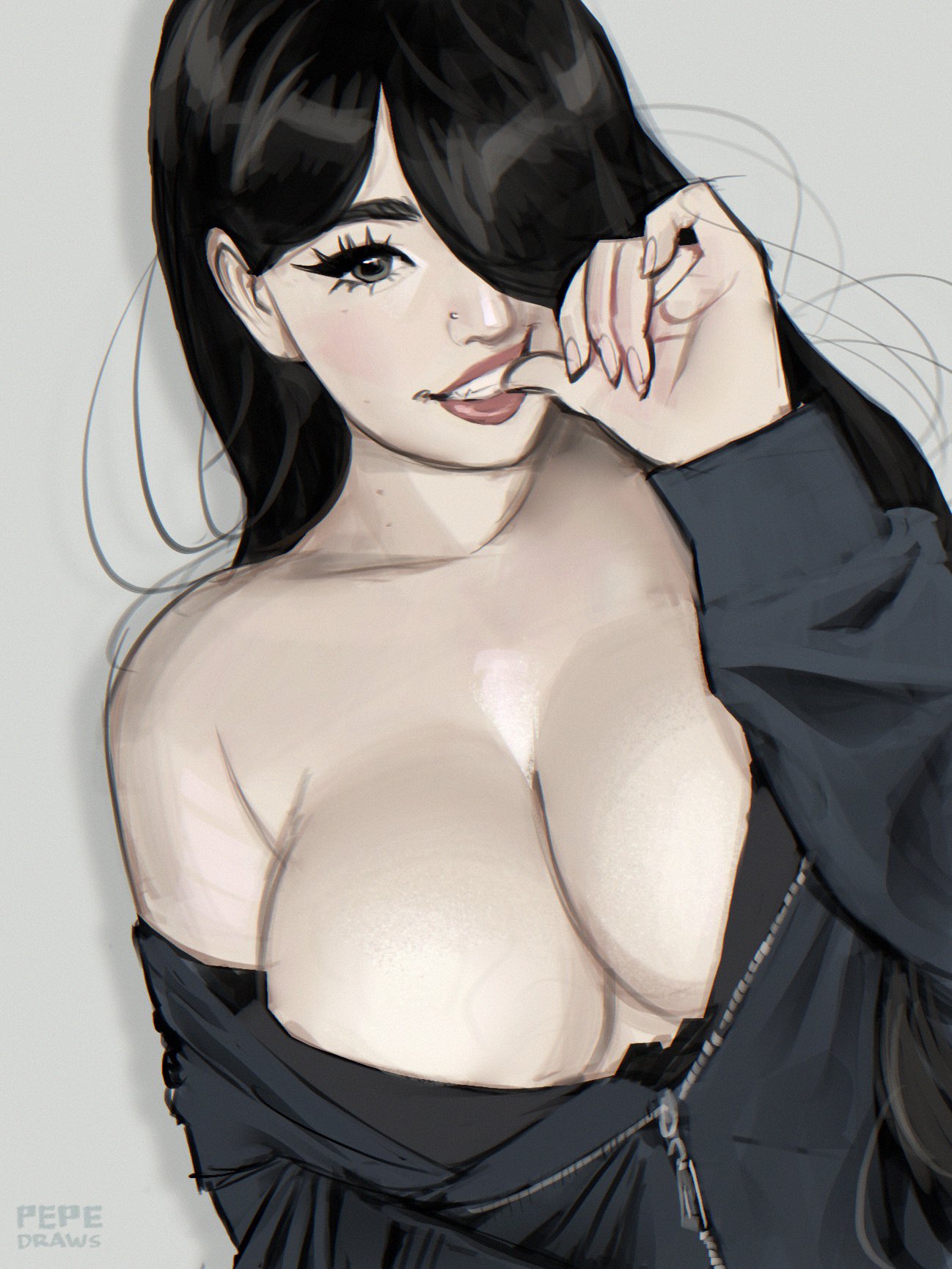 bangs, bangs over one eye, big breasts, biting finger, biting thumb, black clothing, black eyebrows, black hair, boobs, bra, breasts, breasts focus, cleavage, eyelashes, fat breasts, female, female only, grey eyes, hairy, hero, hoodie, hoodie only, huge breasts, large breasts, light skin, light skinned female, looking at viewer, nerd, nose piercing, nose stud, one eye obstructed, pale skin, pale-skinned female, panties, pepedraws, perfect boobs, pierced nose, slutty female, solo, solo female, tits, unzipped, unzipped hoodie, zipper down