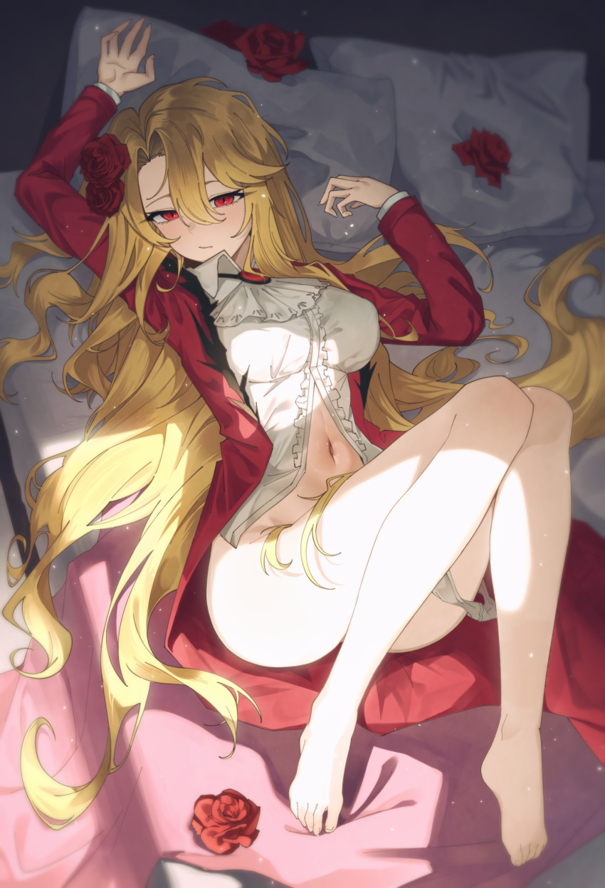 1girl, barefoot, bed, blonde hair, breasts, coat, don quixote (limbus company), e.g.o (project moon), feet, flower, four-hundred roses (limbus company), highres, korean commentary, large breasts, layer (layer illust), limbus company, long hair, lying, midriff, navel, on back, on bed, panties, panties around leg, possessed, possession, project moon, red coat, red eyes, red flower, red rose, rose, sancho (limbus company), shirt, solo, toes, underwear, very long hair, white panties, white shirt, yearning-mircalla (e.g.o)