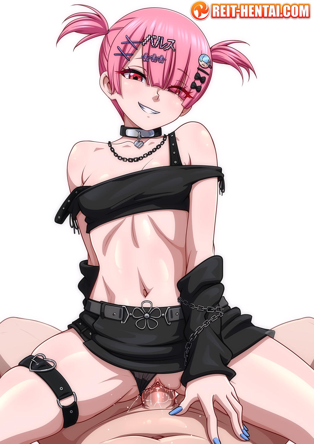 1boy, 1girl, chains, clothed sex, dark, faceless male, girl on top, girly, hair ornament, hair over one eye, looking at viewer, one eye covered, panties aside, pink hair, ponytail, pov, ram (re:zero), re:zero kara hajimeru isekai seikatsu, red eyes, reit, short hair, smirk, tagme, vaginal, vaginal penetration, vaginal sex, watermark, wet, wet pussy, white background