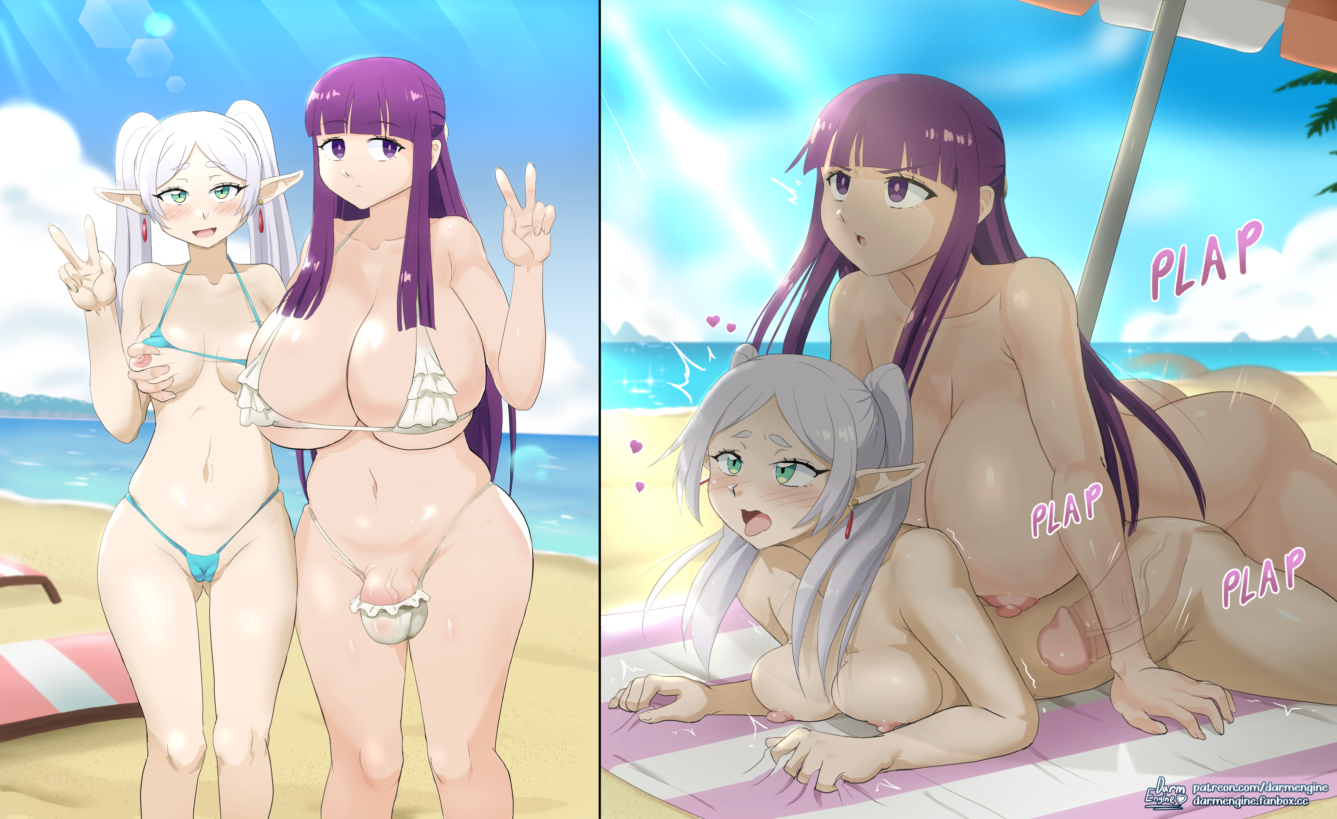 , 1futa, 1girls, ass, beach, beach sex, beach towel, beach umbrella, bikini, breast grab, breasts, breasts bigger than head, bulge, darm engine, fern (sousou no frieren), frieren, frieren beyond journey's end, futa on female, light skin, light-skinned female, light-skinned futa, outdoor sex, outdoors, prone bone, purple hair, sousou no frieren, thighs, white hair