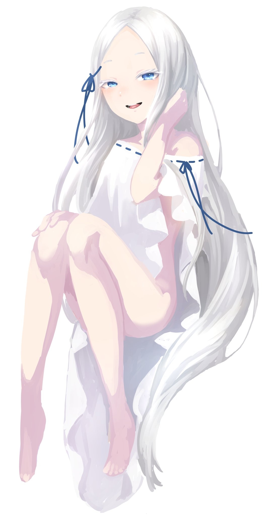 1girls, ass, blue eyes, blue ribbon, blush, bottomless, dress, female, hair ornament, highres, long hair, looking at viewer, no panties, pale skin, pandora (re:zero), petite, platinum blonde hair, re:zero kara hajimeru isekai seikatsu, sitting, smile, solo, solo female, white background, witch