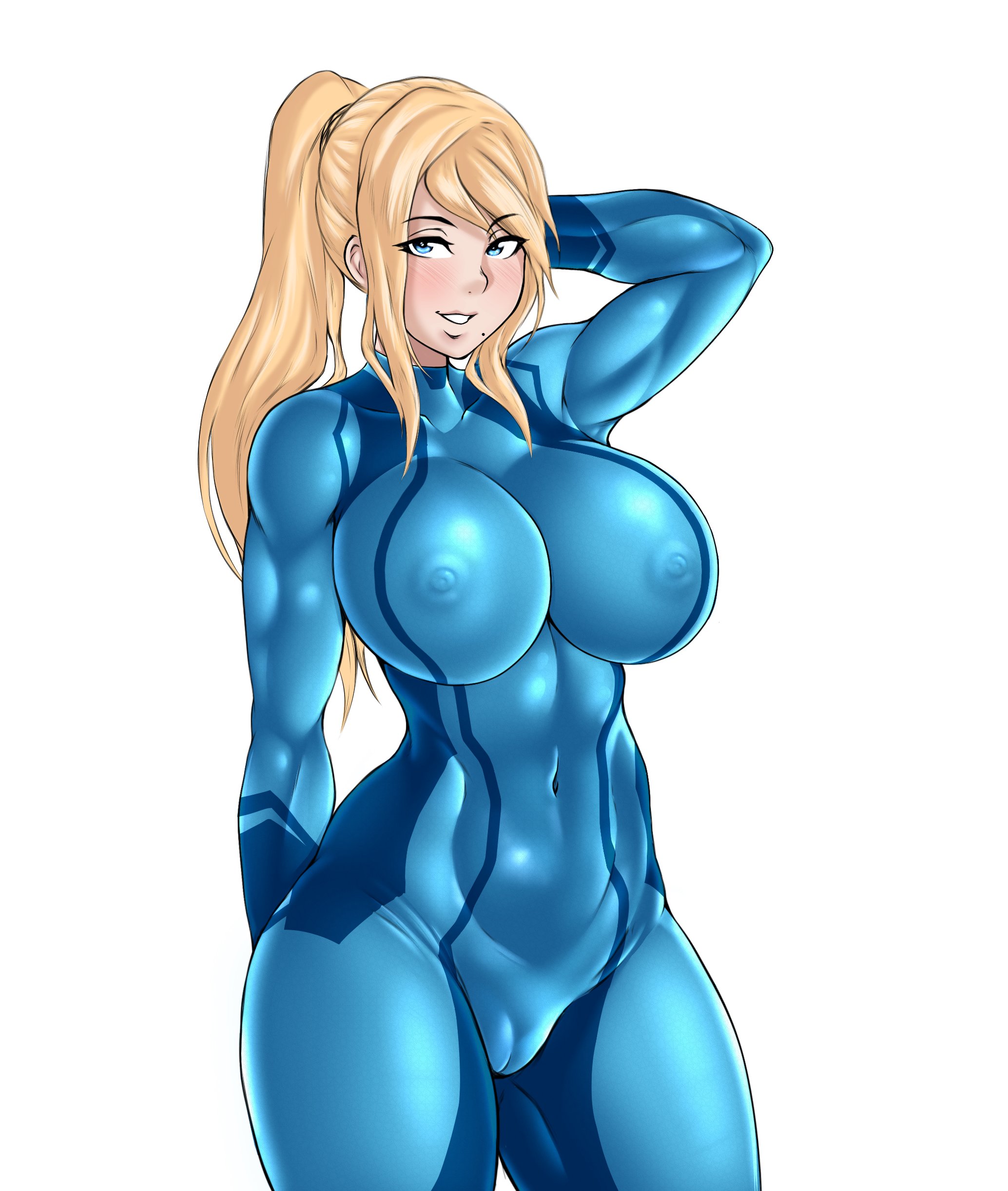 1girls, abs, areolae, big breasts, blonde hair, blue bodysuit, blue eyes, bodysuit, breasts, cameltoe, erect nipples, erect nipples under clothes, female, female only, jpeg, large breasts, metroid, muscular, muscular female, nintendo, nipples, pussy, samus aran, smile, solo, tight clothing, vicsenpai, zero suit, zero suit samus