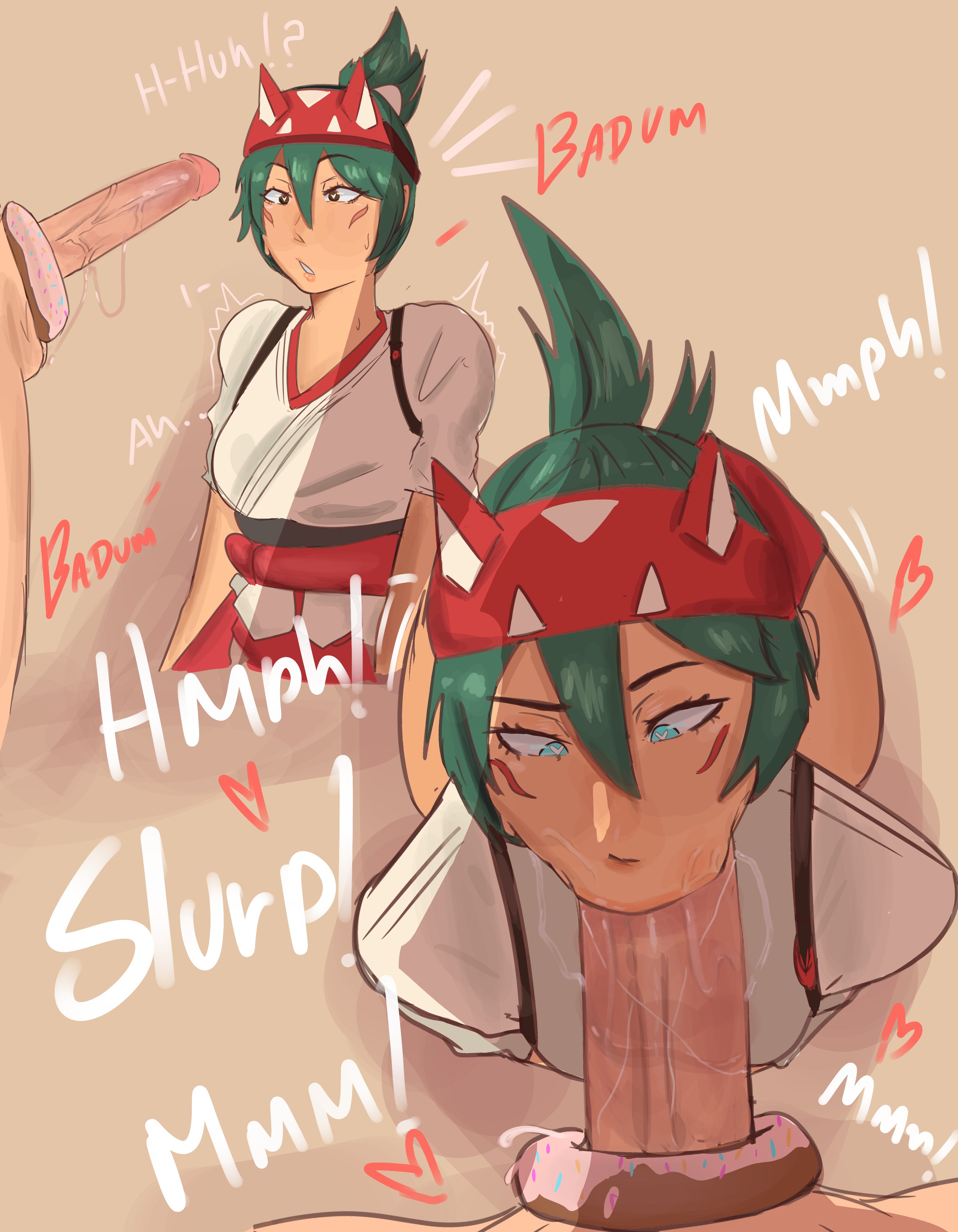 admiring penis, azazelinp, blowjob, blue eyes, blushing, brown body, clothed, cute, donut, food play, fox ears, green hair, huge cock, kiriko (overwatch), oral, overwatch, ponytail, saliva on penis, sloppy blowjob, spitting in mouth, veiny penis, wet penis