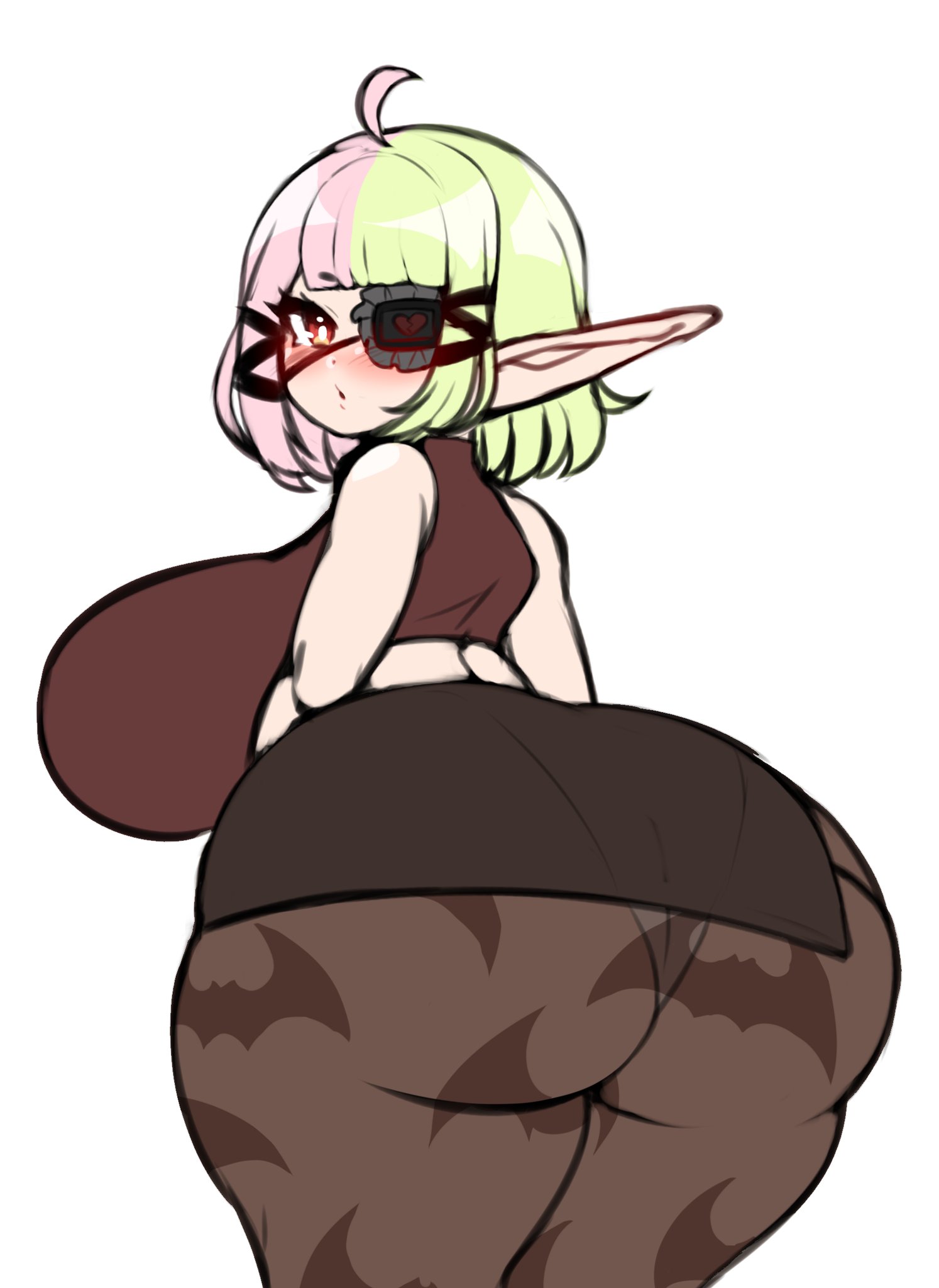 1girls, ass, back view, big ass, big breasts, blush, breasts, clothed, clothing, eyepatch, female, female only, from behind, huge ass, huge breasts, jojoniumart, large ass, large breasts, long ears, looking back, mochi (jojoniumart), pantyhose, pointy ears, red eyes, short hair, shortstack, solo, thick thighs, thighs, tight clothing, tight fit, tight skirt, two-tone hair, white background