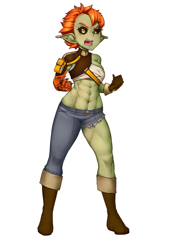 1girls abs angry_face black_sclera elakan female female_only goblin goblin_female green_skin looking_at_viewer monster_girl muscular_female orange_hair original_character pointy_ears short_hair solo solo_female toned toned_female white_background yellow_eyes