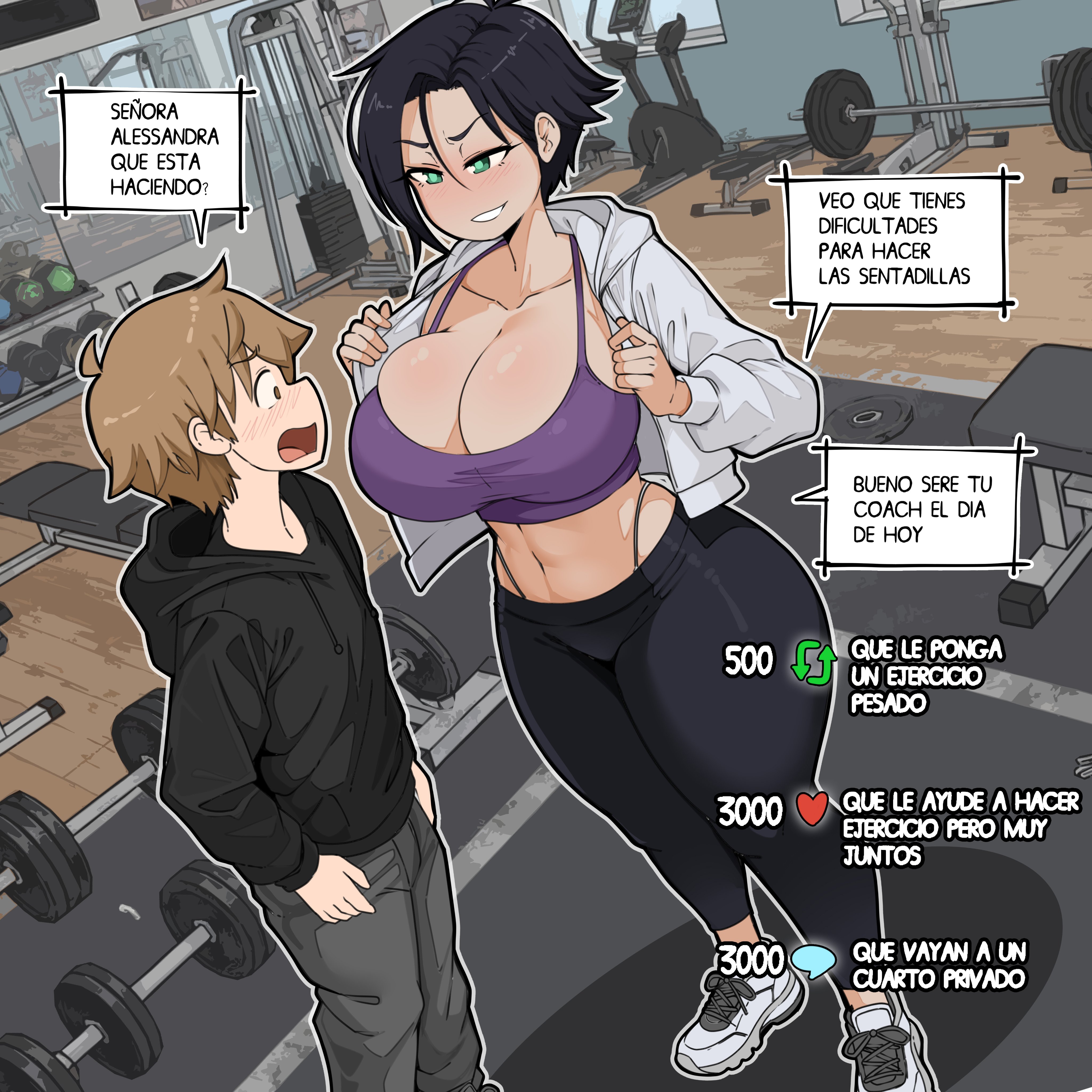 alessandra (comicomryu), big breasts, big thighs, bra, cleavage, collar, comicomryu, female hero, green eyes, gym, hairy pussy, heroine, milf, panties, ryumxr, short hair, spanish text, toretto (comicomryu), translation request, workout