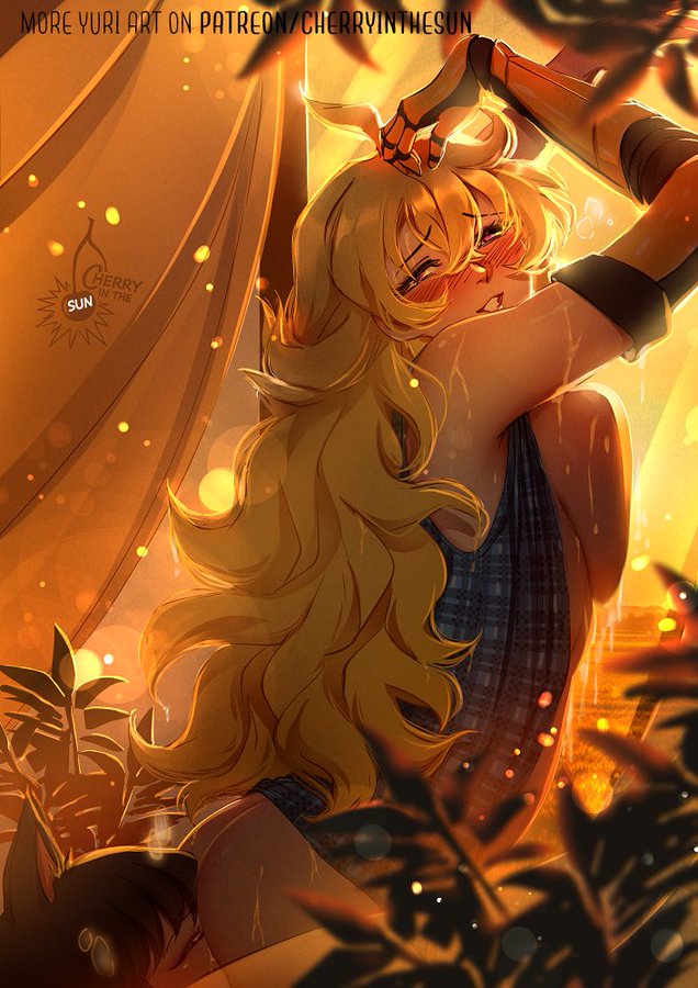 ambiguous oral, arched back, artist logo, artist name, artist signature, big ass, big breasts, black hair, blake belladonna, blonde hair, blush, blushing, bottomless, breasts against glass, canon couple, cat ears, cherryinthesun, closed eyes, detailed background, faunus, implied oral, kemonomimi, open topwear, partially clothed, pleasure face, prosthetic, prosthetic arm, purple eyes, rwby, sweat, sweatdrop, very long hair, yang xiao long, yuri