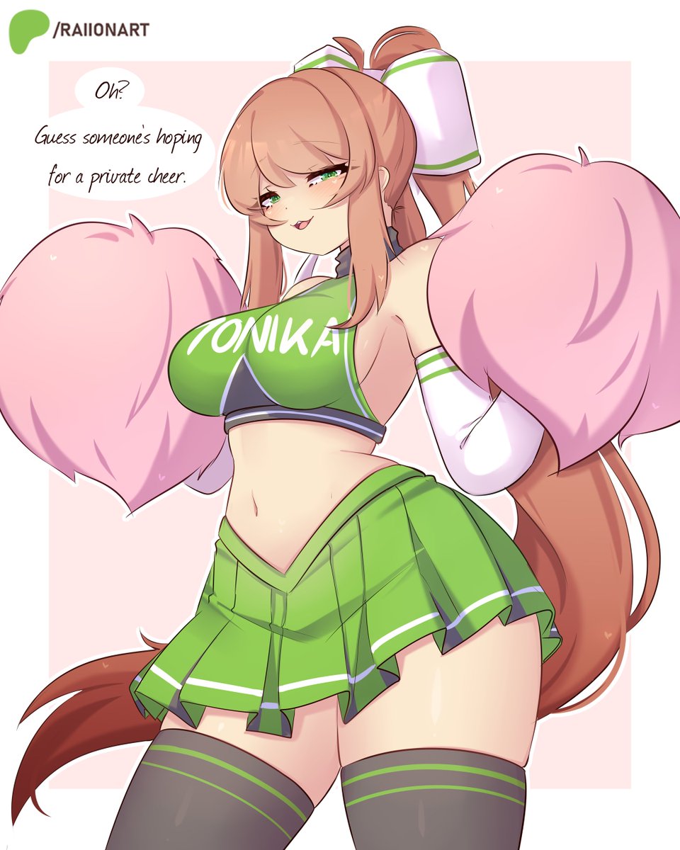 1girl, big thighs, breasts, cheerleader, cheerleader uniform, ddlc, doki doki literature club, long hair, monika (doki doki literature club), raionart, skirt, solo, tagme, thick thighs, thighhighs
