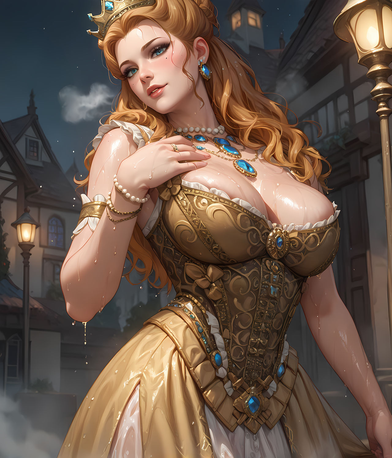 ai generated, anna henrietta, big breasts, blonde hair, breasts, clothing, crown, dress, eepol, female, light skin, light-skinned female, looking at viewer, outdoors, solo, the witcher (series), the witcher 3: wild hunt, wet body