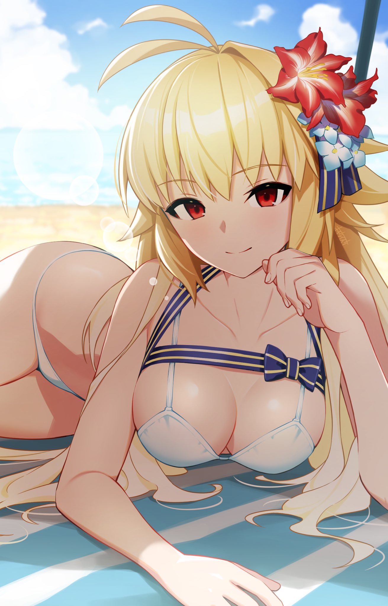 ahoge archetype_earth arcueid_brunestud beach bikini blonde_hair bow breasts fate/grand_order fate_(series) female flower hair_flower hair_ornament hand_on_own_face highres long_hair looking_at_viewer lying medium_breasts ocean on_side red_eyes sand shadow smile swimsuit tochi_keisuke tsukihime white_bikini