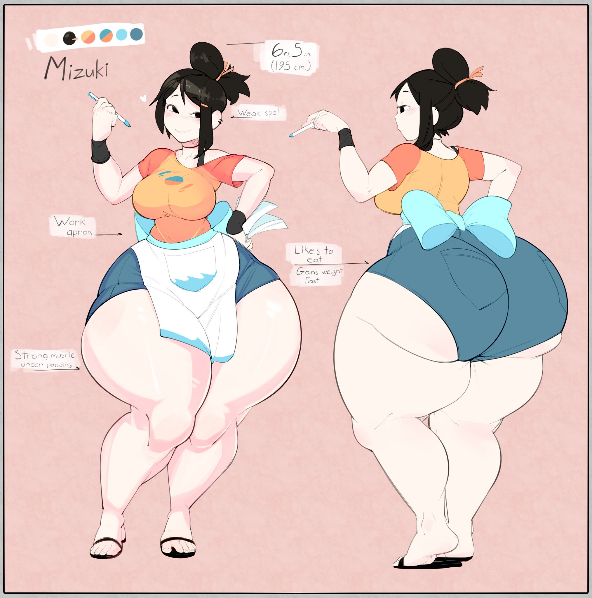 1girls, apron, asian, ass, big ass, big breasts, black eyes, blush, booty shorts, bottom heavy, breasts, bulumble-bee, character sheet, choker, chubby, dark hair, english text, female, hair bun, hairclip, heart, huge ass, hyper, hyper ass, hyper thighs, looking at viewer, mizuki (bulumble-bee), original character, piercing, source request, text, thick thighs, thighs, wide hips