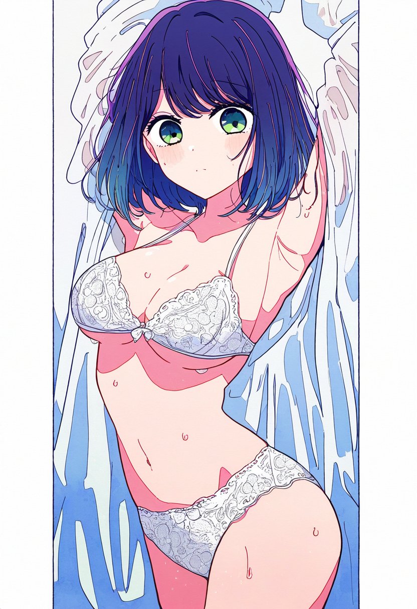 ai_assisted ai_generated armpits arms_up ass_visible_through_thighs bare_belly bare_legs bare_thighs belly_button big_breasts blue_hair blush bra breasts cleavage closed_mouth collarbone green_eyes jei_games kurokawa_akane lace-trimmed_bra lace-trimmed_panties medium_hair oshi_no_ko panties removing_shirt sweat sweaty_body thighs underboob underwear underwear_only white_bra white_panties white_underwear