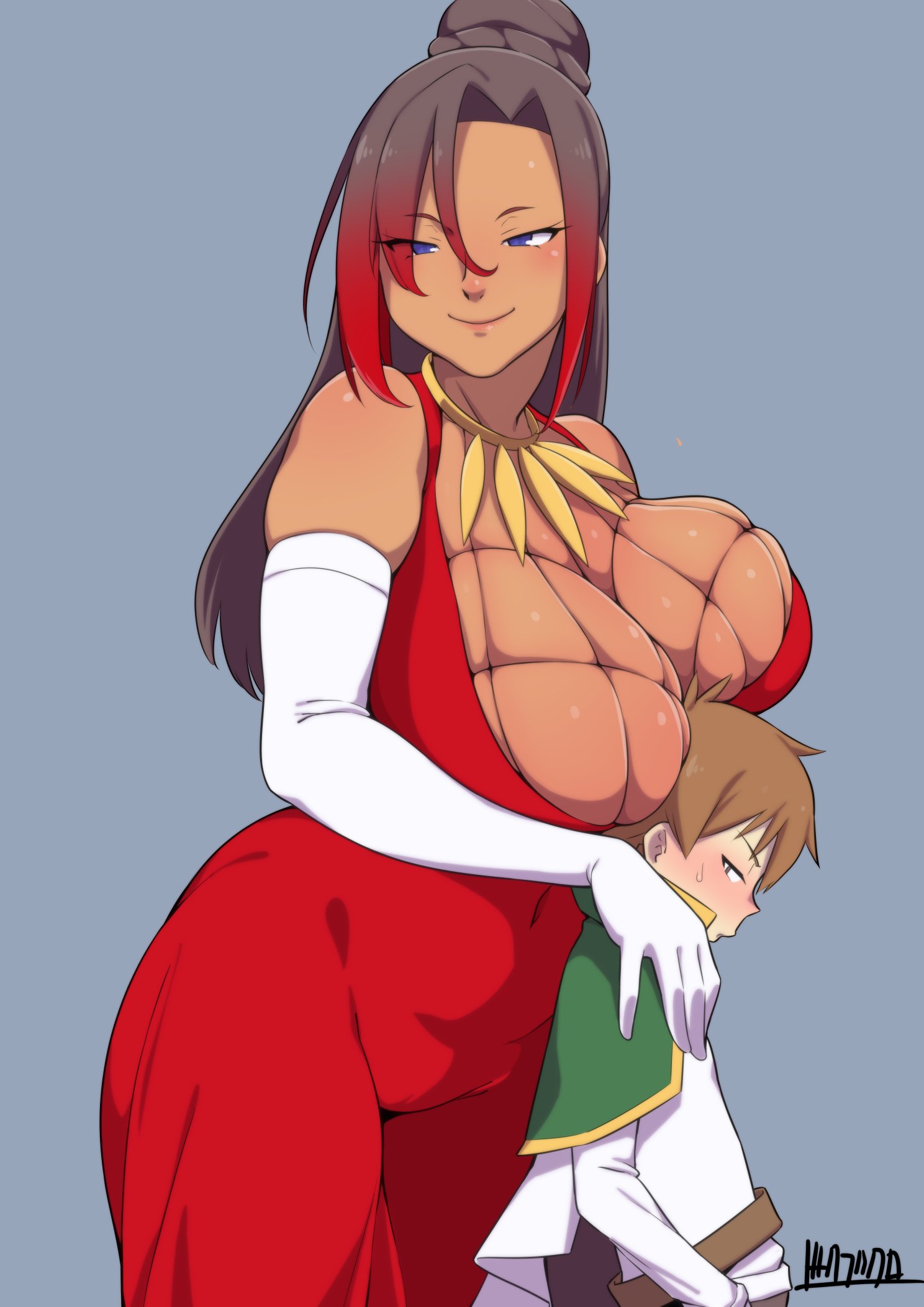 1boy, 1girls, age difference, breasts, brown hair, cleavage, curvy, dark skin, dress, elbow gloves, female, gloves, hair bun, hanging breasts, kono subarashii sekai ni shukufuku wo!, large breasts, long hair, male, purple eyes, satou kazuma, sylvia (konosuba)