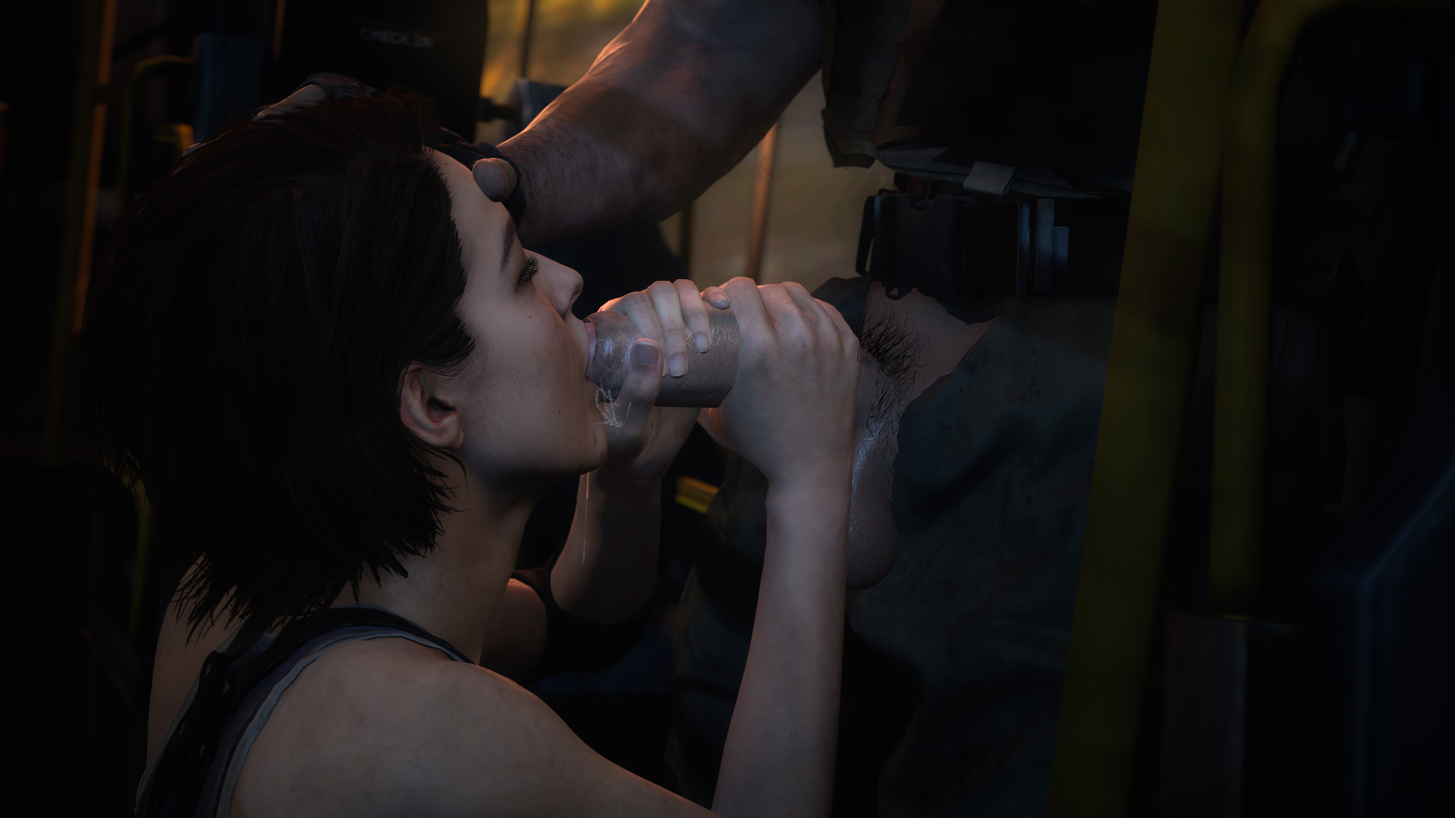 1boy, 1girls, 3d, balls, big balls, big penis, brown hair, carlos oliveira, clothed, cock hungry, fellatio, female, hand on head, hero, heroine, holding penis, huge balls, huge cock, huge penis, interracial, jill valentine, jill valentine (sasha zotova), light skin, light-skinned female, male, muscular, muscular male, penis, resident evil, resident evil 3, resident evil 3 remake, short hair, sucking, tan-skinned male, tastytextures, train, train interior